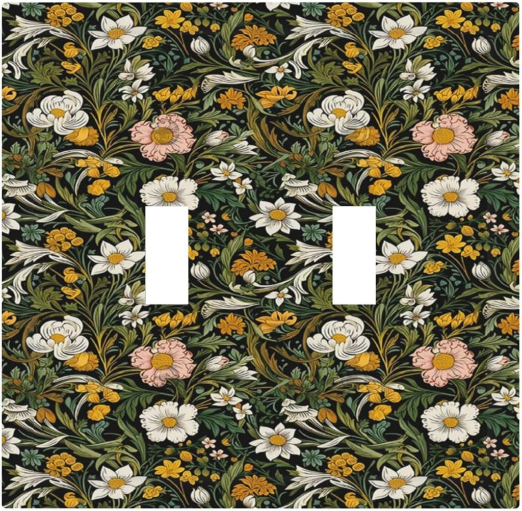 Decorative Light Switch Plate Covers Rustic Green Leaf White Daisy Yellow Floral 2 Gang Light Switch Cover Plate Unique Double Toggle Wall Plate Outlet Covers Faceplate for Bedroom Decor