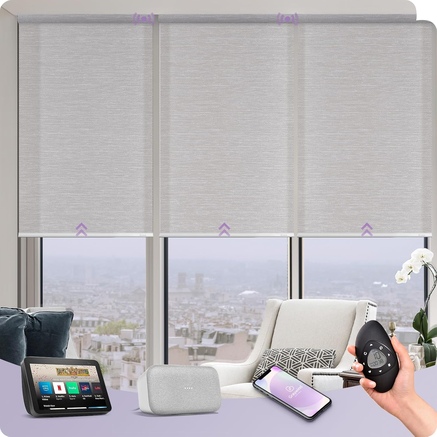 Graywind Motorized Silky Light Filtering Shades Compatible with Alexa Google Half Shading Rechargeable Remote Control Smart Blinds Electric Window Shade, Custom Size (Silky Silver Grey)