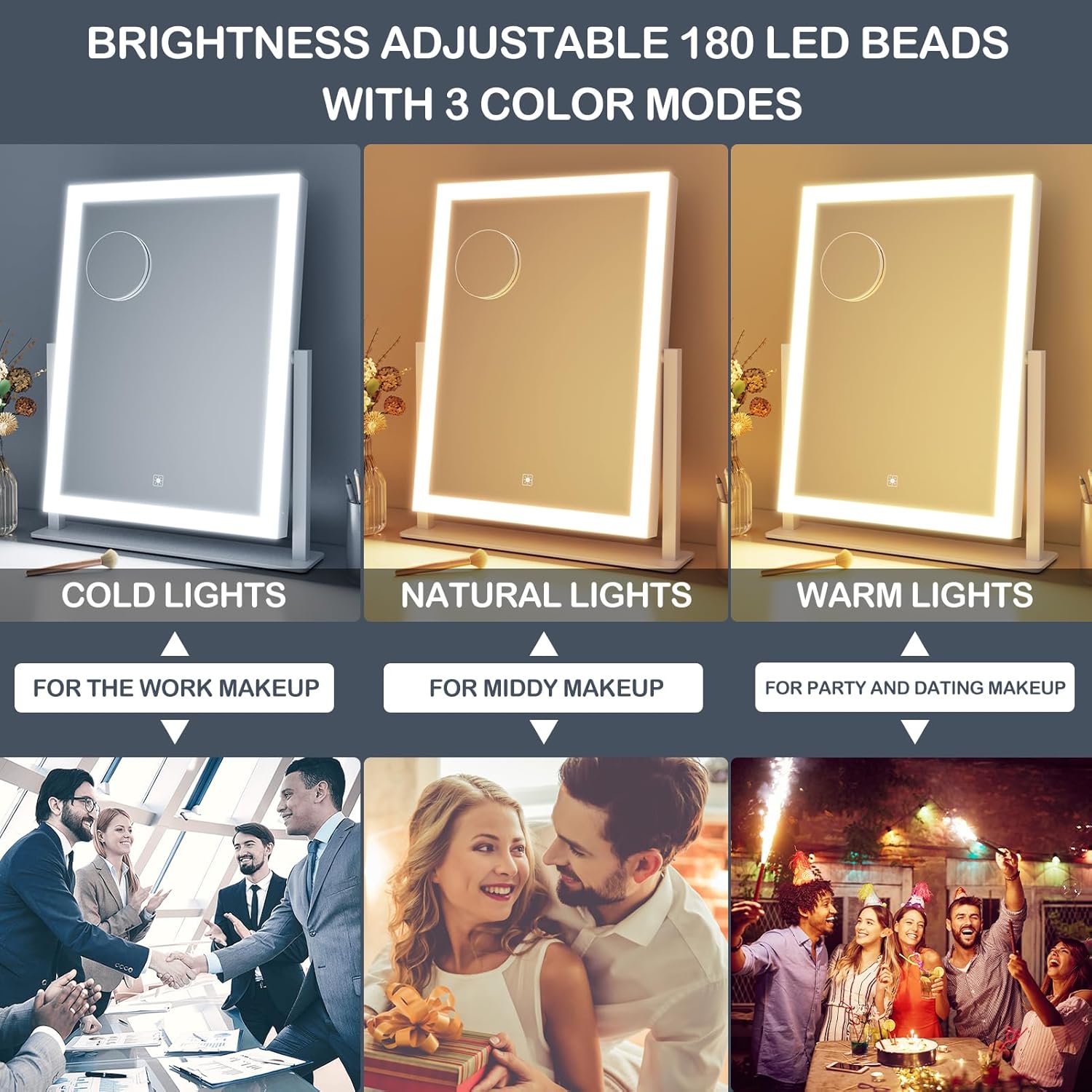 Lighted Makeup Mirror, Hollywood Vanity Mirror with Lights, Three Color Modes，Detachable 10X Magnification Mirror, Smart Touch Control, 360°Rotation (15.2in)