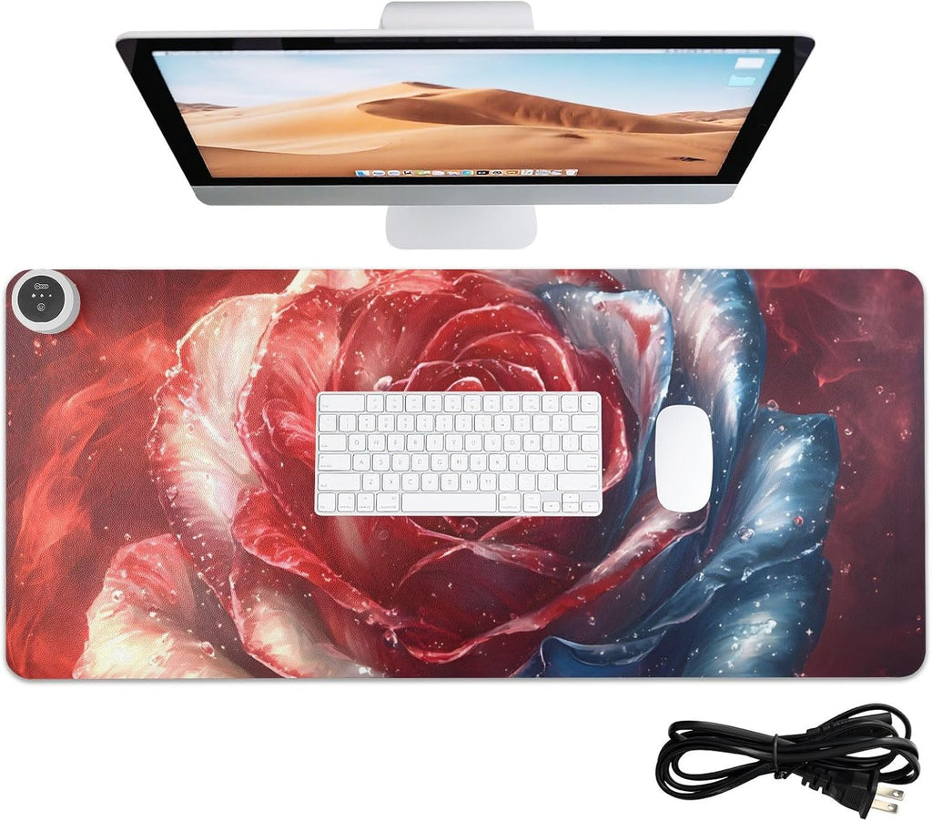 Large Heated Mouse Pad,Leather Desk Mat,31.5"x13", Hand Warmer Pads for Desk,Rose(Red)