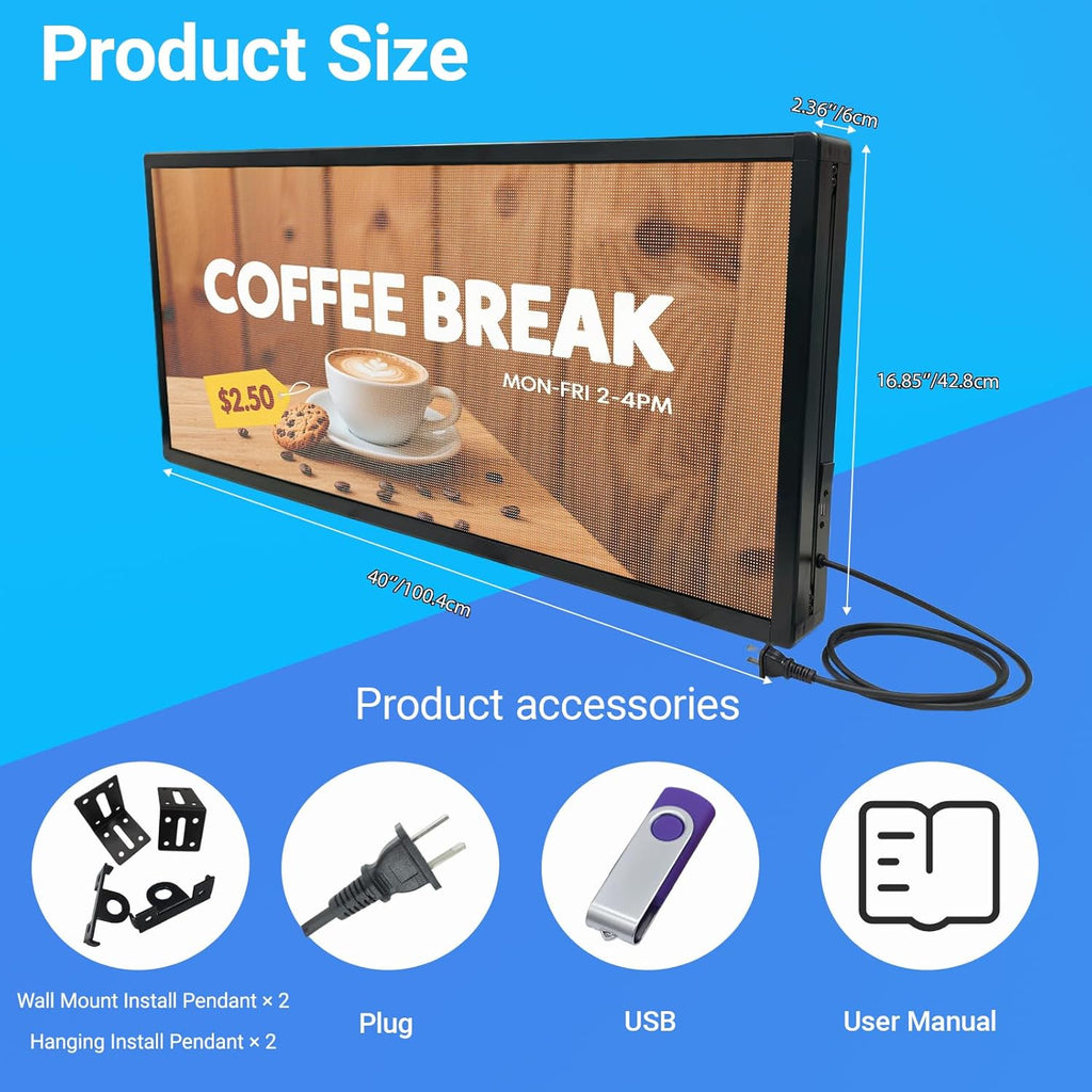 Programmable LED Sign for Business,P3 Outdoor Digital Electronic Message Board with WiFi Control, Scrolling Display Screen for Store Advertising, 40"x17"