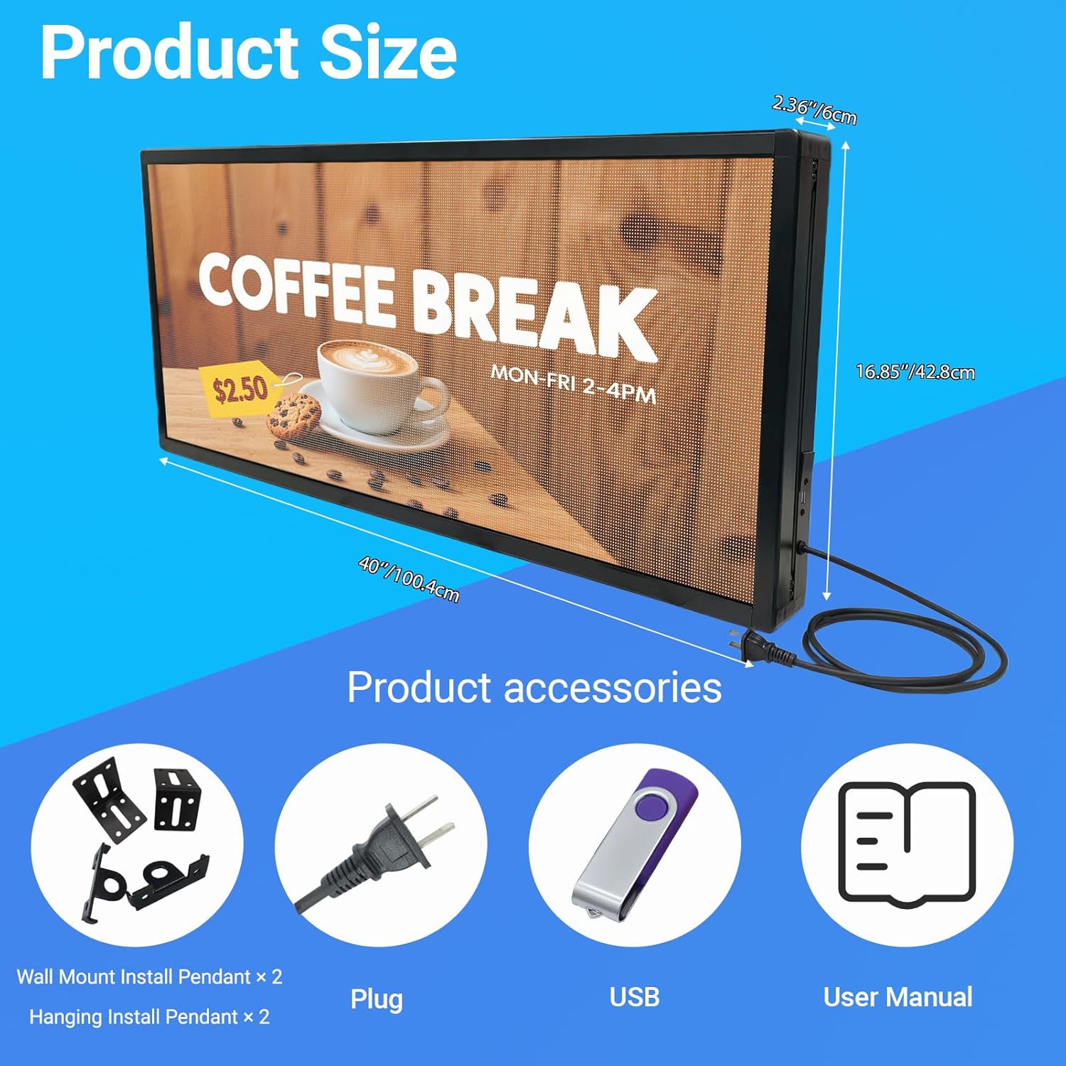 Programmable LED Sign for Business,P3 Outdoor Digital Electronic Message Board with WiFi Control, Scrolling Display Screen for Store Advertising, 40"x17"