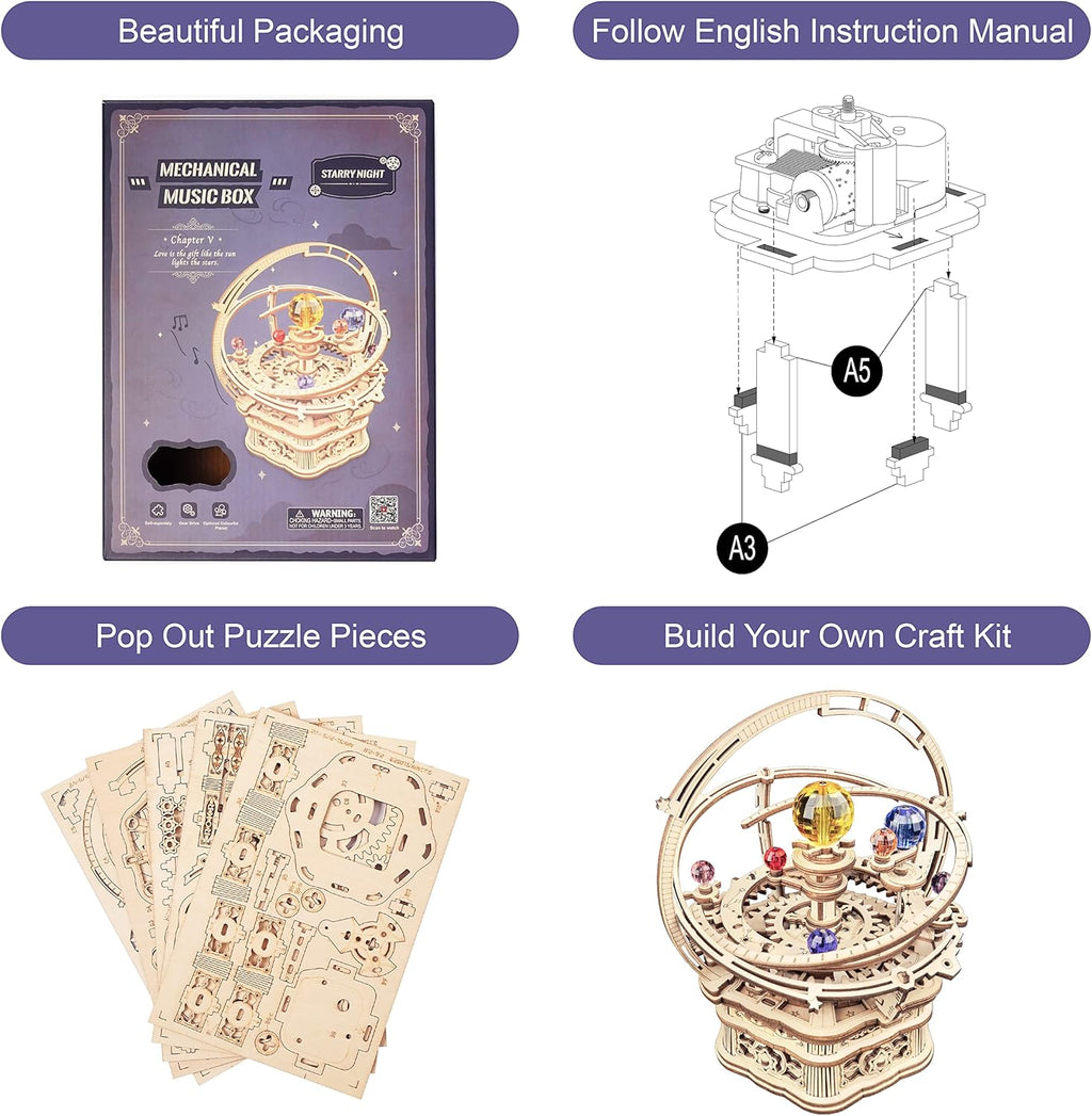 RoWood Music Box 3D Puzzles for Adults, DIY Wooden Mechanical Building Model Kits, Gift for Adult on Birthday/Christmas - Starry Night
