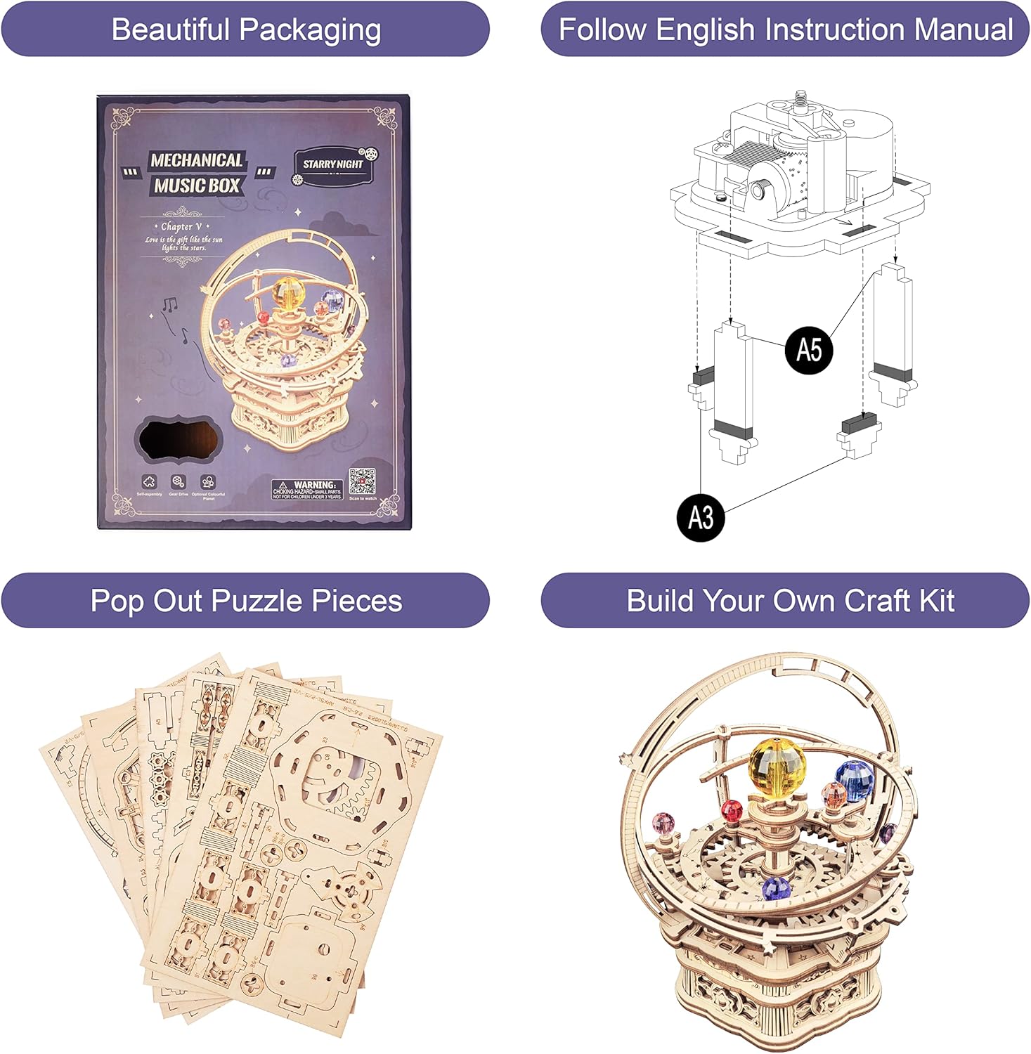 RoWood Music Box 3D Puzzles for Adults, DIY Wooden Mechanical Building Model Kits, Gift for Adult on Birthday/Christmas - Starry Night