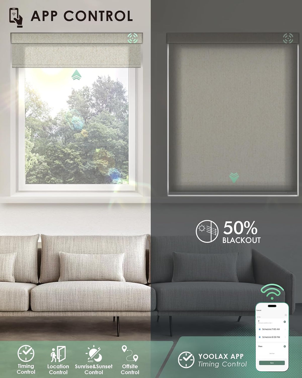 Yoolax Motorized Blinds with Remote, Light Filtering Smart Blinds Compatible with Alexa Google Home, Automatic Shades for Windows Living Room, Custom Size (50% Blackout V-Jungle Linen)