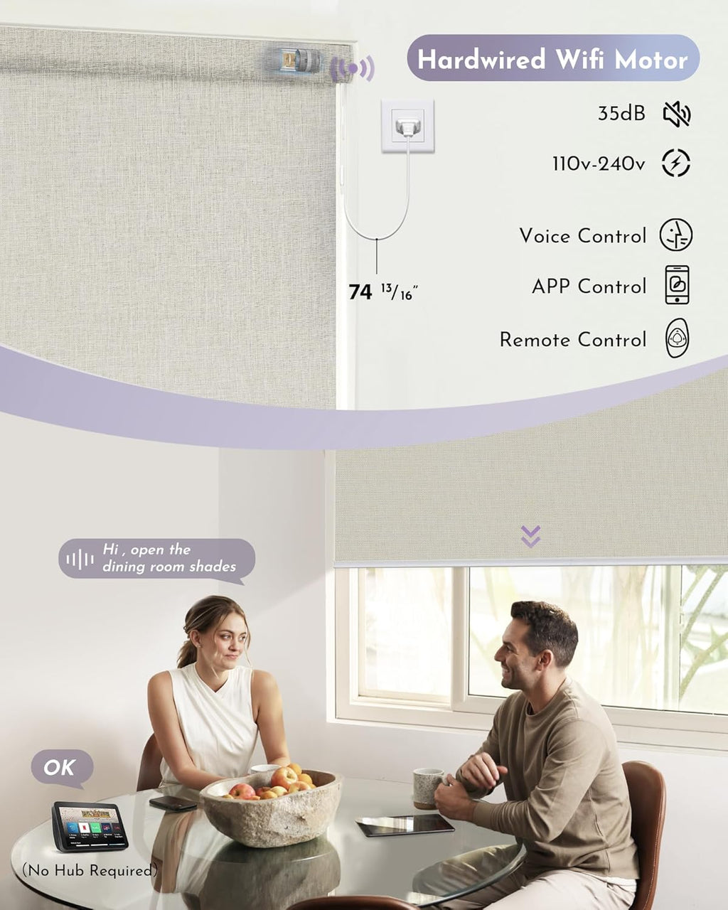 Graywind Smart Blackout Roller Shades Compatible with Alexa Google WiFi Hardwired Triple Weaved Fabric Motorized Blinds Remote Window Shades, Custom Size (Beige White)
