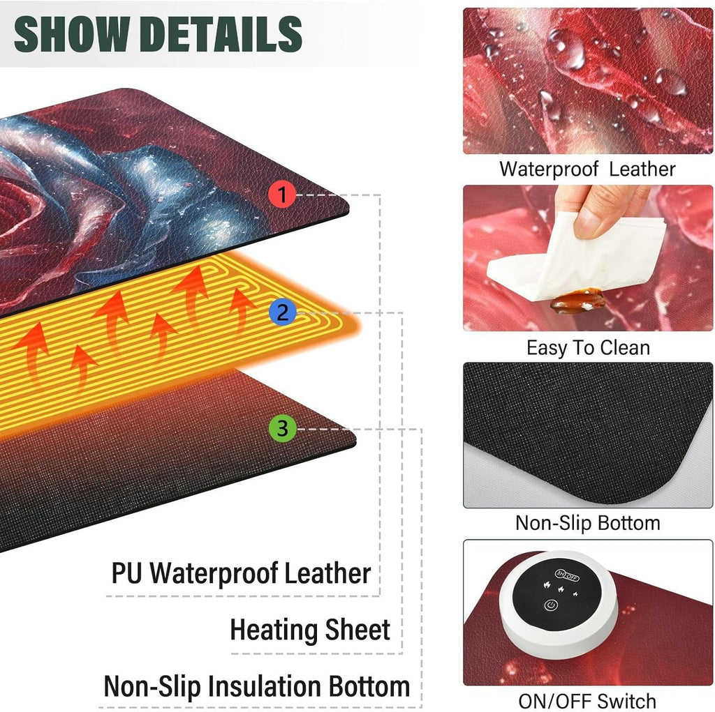 Large Heated Mouse Pad,Leather Desk Mat,31.5"x13", Hand Warmer Pads for Desk,Rose(Red)