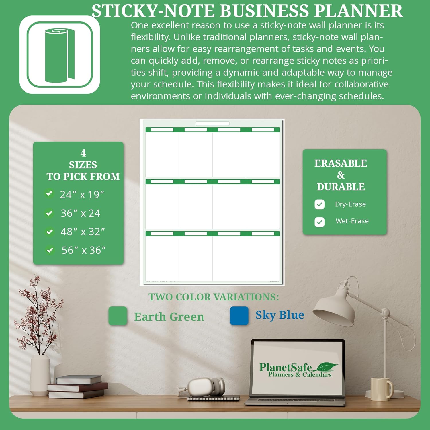 Earth Green12 Section Task, Objective and Goals Planning System Vertical 24"x 18". Wall Tray, Dry-Erase Marker, Eraser and 600 Sticky-Notes