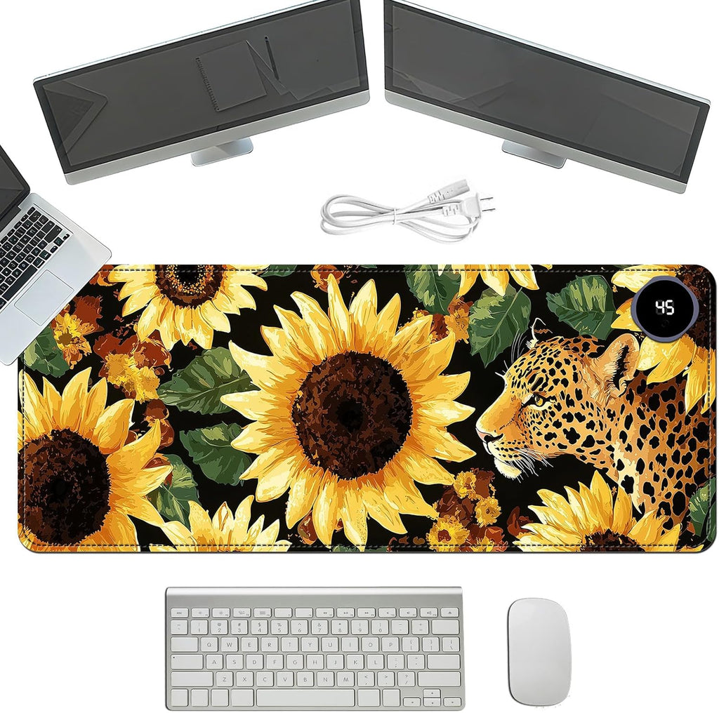 Heated Mouse Pad with 3 Temperature Settings(104°F–122°F),Large 31.5x13 Inch PU Leather Heated Desk Mat,Waterproof Warming Pad for Office,Gaming & Cold Hands Relief,Sunflowers Leopard Print