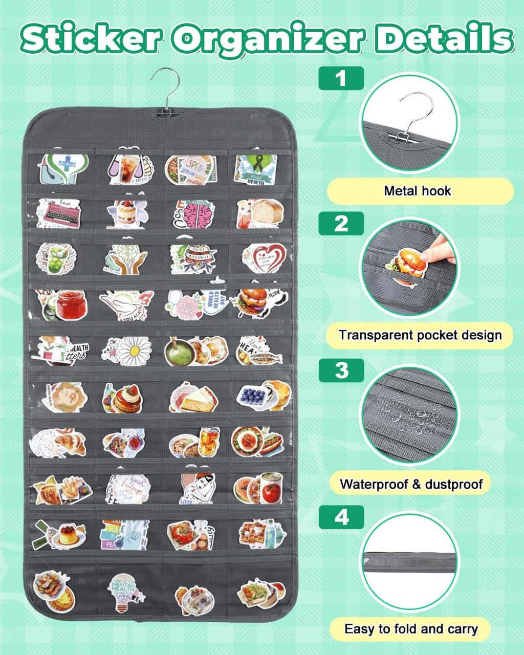 UCEC Hanging Sticker Organizer, Double-Sided 80 Pocket Hanging Sticker Display Stand with Waterproof Pockets, Portable Sticker Charts for Classroom, Vendors Events and Small Business Supplier (Gray)