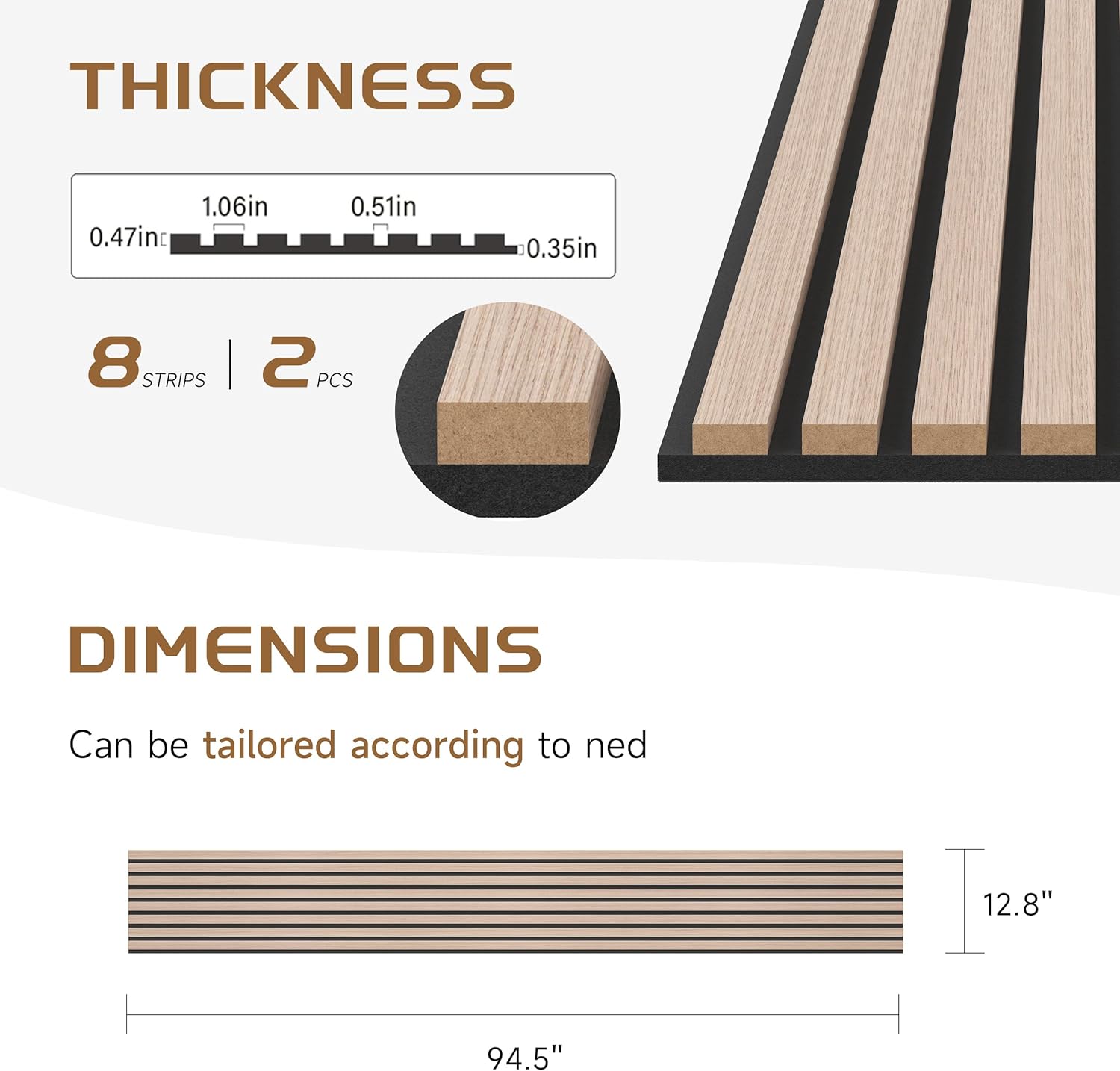 Wood Slat Wall Panels, 2 Pack 8 x 1 ft Decorative Wood Panels for Wall,Stylish Wall Panels for Interior Wall Decor, Modern Acoustic Wood Wall Panels with Felt Backing, Natural
