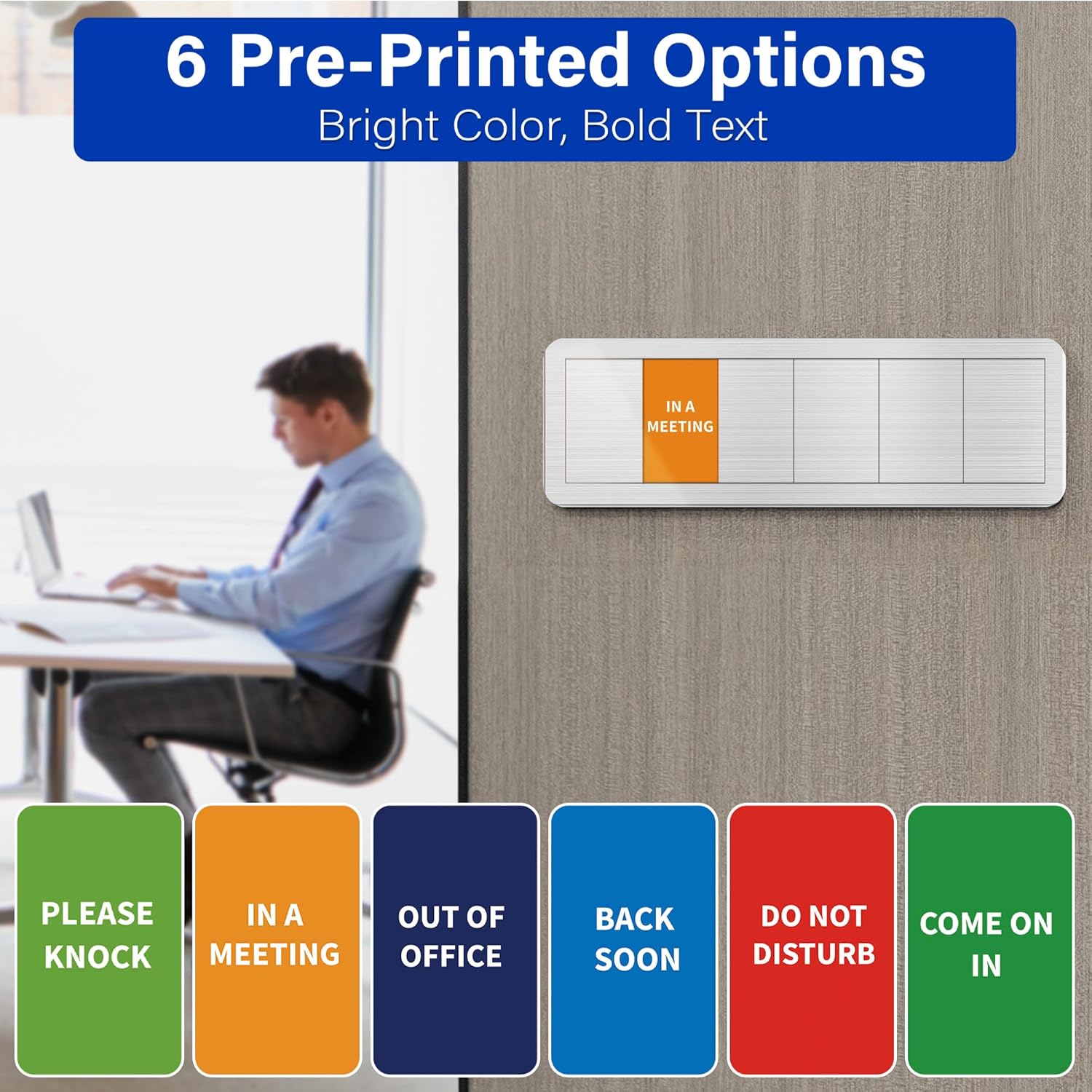 Office Door Signs with 6 Printed Status Options – Do Not Disturb, Out of Office, In a Meeting, Please Knock, Back Soon, Come on in – Includes Custom Personalized Blank Sticker for Privacy Workspace or Studio Available and Away