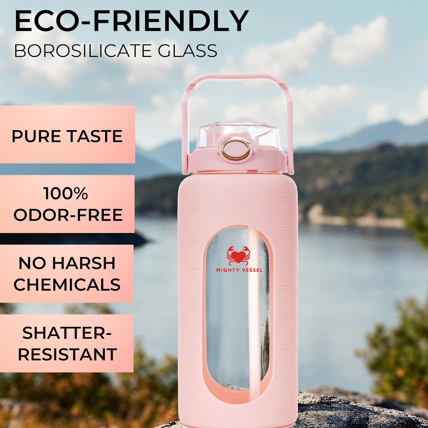 64 oz Glass Water Bottle – Pink | Half Gallon Borosilicate Bottle with Straw, Silicone Sleeve, Time Marker – Cute Leakproof Water Jug for Women, Gym, Travel