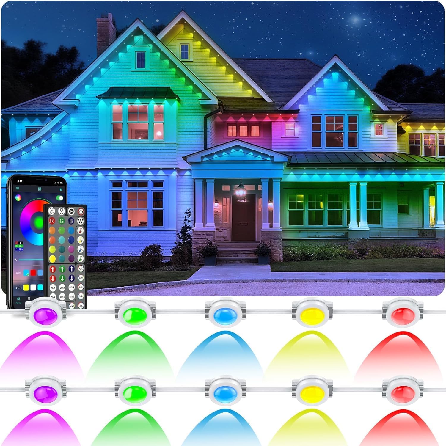 LETIANPAI 150FT Permanent Outdoor Lights,RGB Eaves Lights with App Control Remote,DIY Scene Modes IP67 Waterproof Outdoors Under Eave Lighting,Outdoor Light for Garden Decor