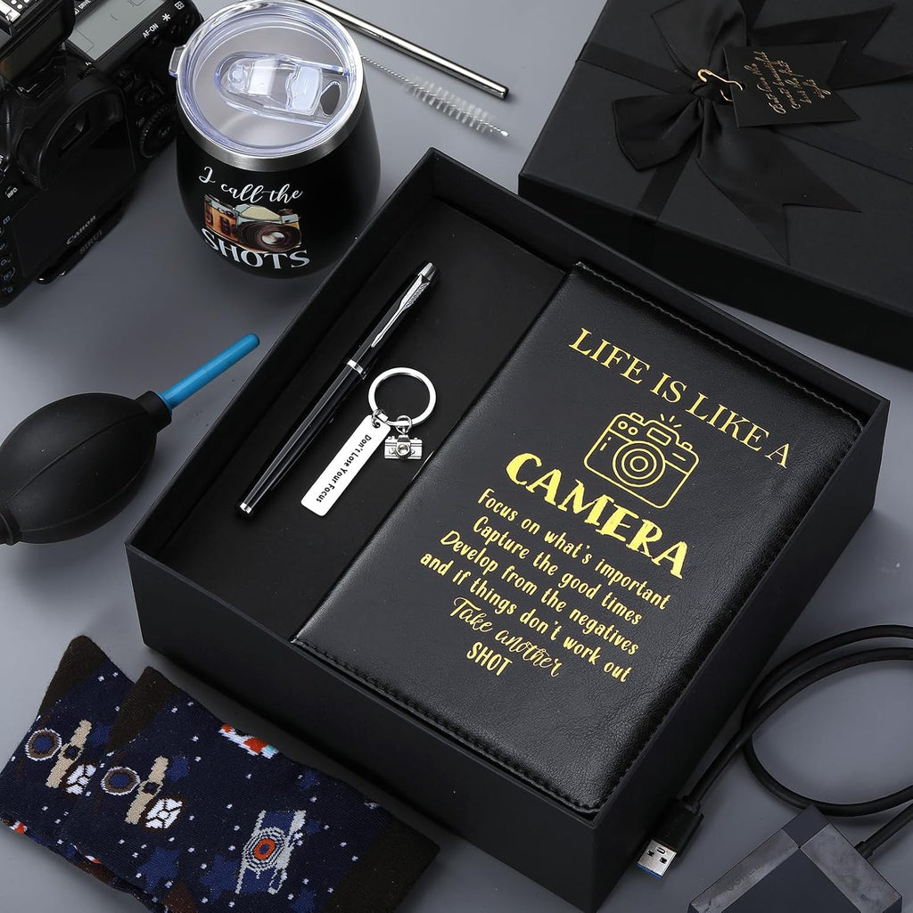 6 Pcs Photographer Gifts for Camera Lovers for Men Women 12 oz Stainless Steel Cup Socks Keychain Pen Notebook Box for Christmas Photography & Travelers Lovers