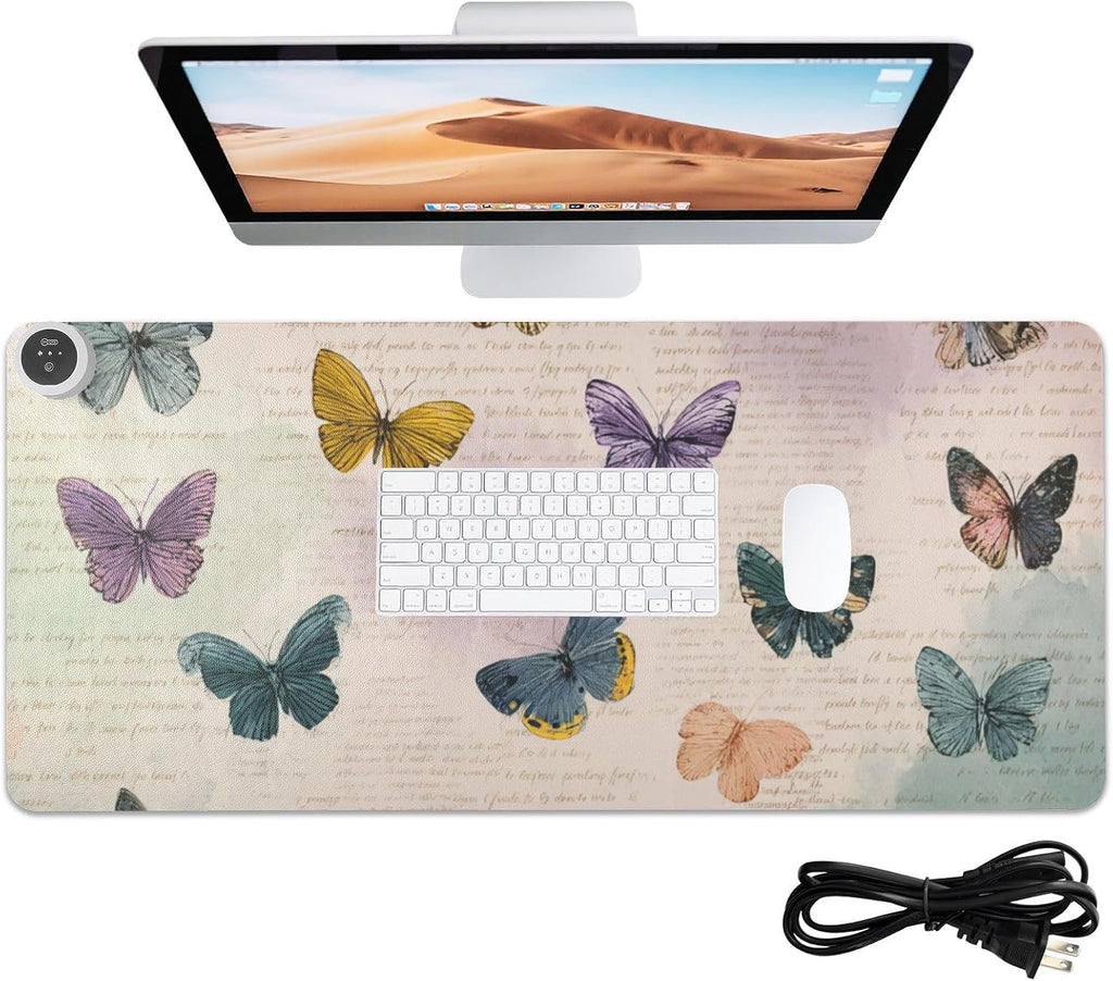 Heated Desk Pad Mouse Pad 31.5x13 Inch PU Leather Desk Mat with 3 Heat Levels Large Mouse Gaming Computer Laptop Mat Vintage Beige Butterflies