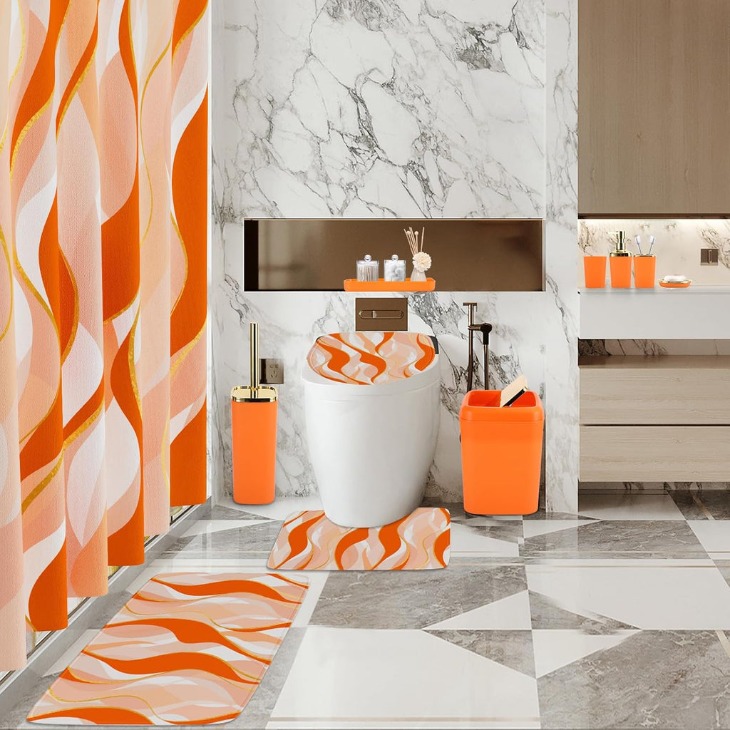 Bathroom Set - Orange and Gold Bathroom Accessories, Bathroom Sets with Shower Curtain and Rugs, Orange Shower Curtain Set with Bathroom Trash Can, Soap Dispenser, Soap Dish for Home Decor