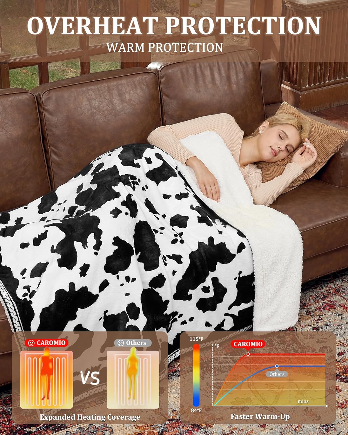 CAROMIO Heated Electric Blanket Throw, Cow Print Fast Heating Throw Blankets with LCD Controller, 6 Heat Levels & 4 Hour Auto Shut Off, ETL Certified, Machine Washable, Black White, 50" x 60"