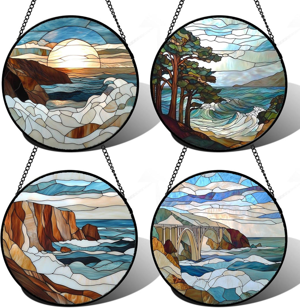 Stained Glass Window Hanging 4 Pcs Set Ocean Waves 7.8" - Blue and White Sea Suncatcher Door Garden Sun Catcher Decor Birthday Christmas for Mom Woman Nana Men