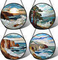 Stained Glass Window Hanging 4 Pcs Set Ocean Waves Large 15" - Blue and White Sea Suncatcher Door Garden Sun Catcher Decor Birthday Christmas for Mom Woman Nana Men