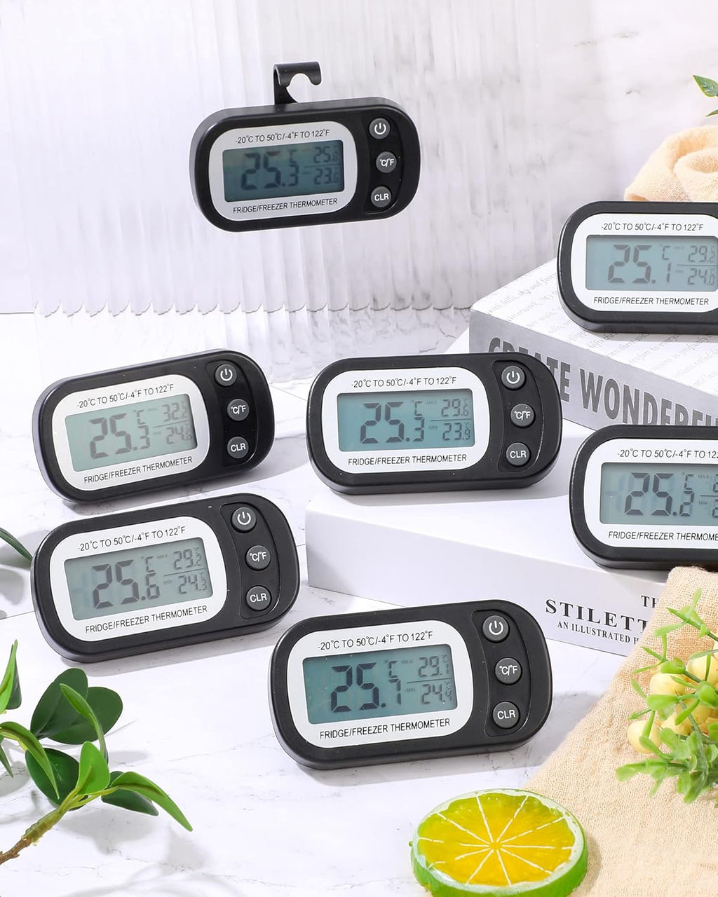 Frienda 12 Pack Black Digital Fridge Thermometer Waterproof Refrigerator and Freezer Room Max/min Record Function LCD Screen Refrigerator Thermometer with Hook and Magnetic Back for Home