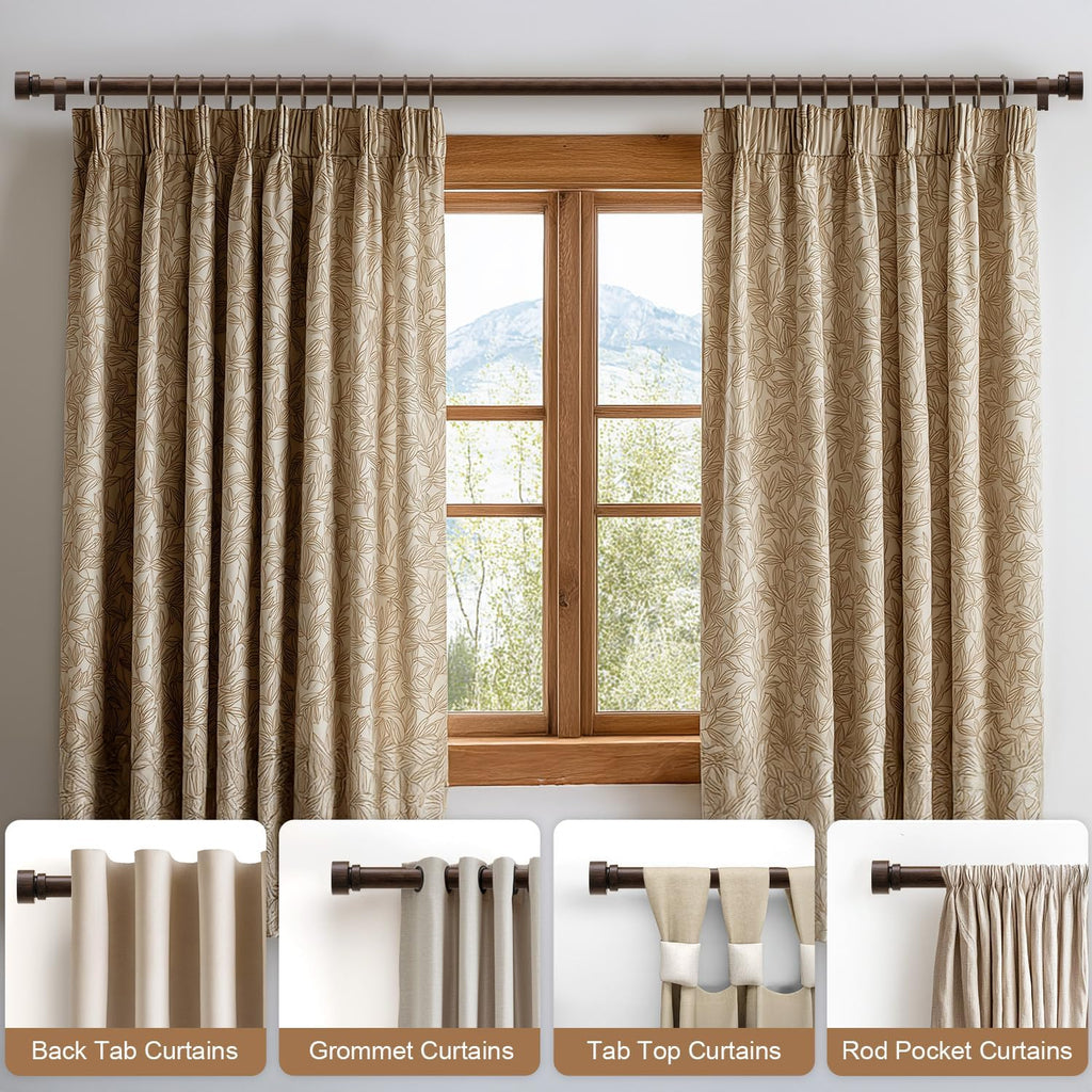 Deep Walnut Wood Grain Curtain Rods for Windows 28 to 48 Inches 1" Diameter Heavy Duty Window Curtain Rod Adjustable with Solid Finials for Living Room Bedroom Kitchen Farmhouse Outdoor