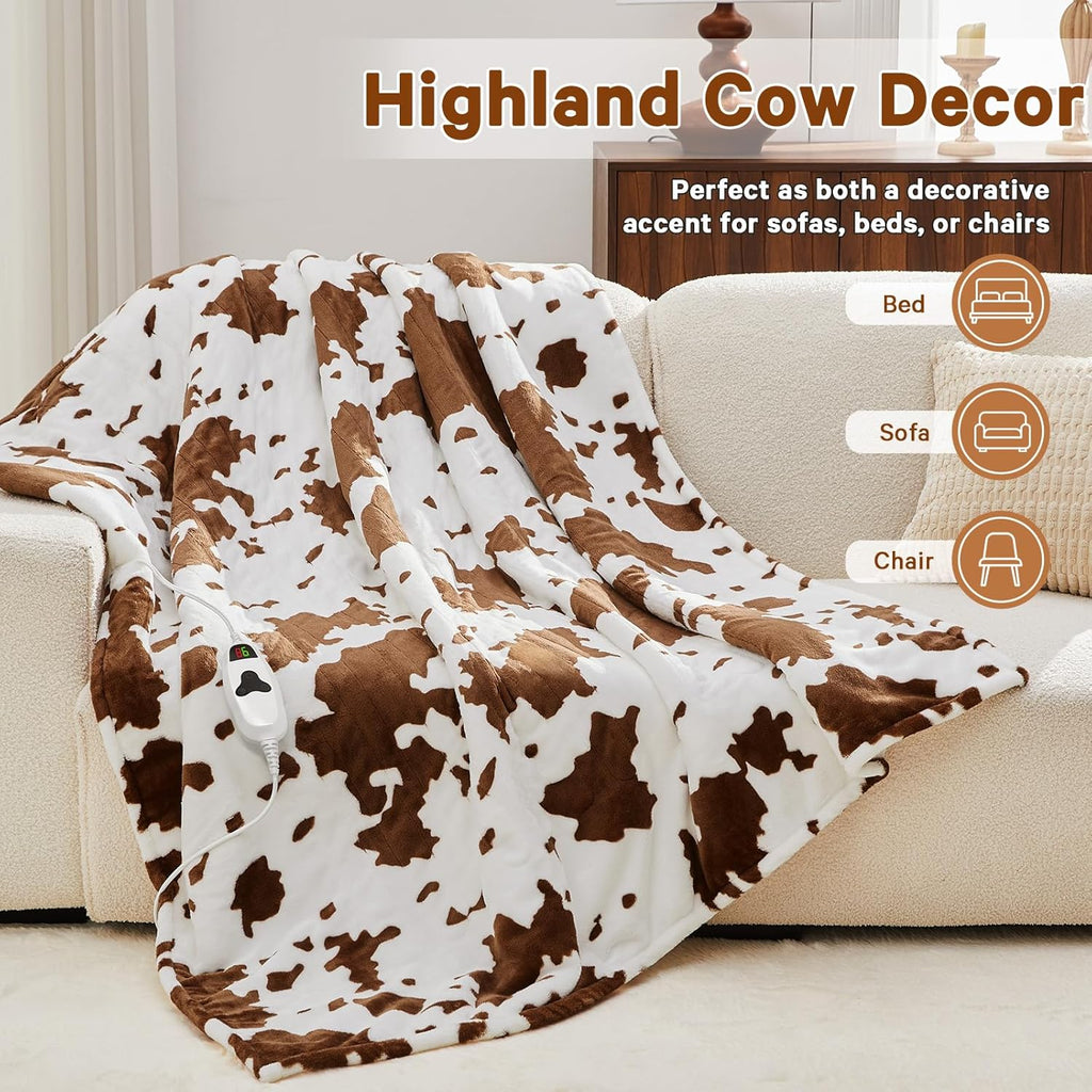 Cow Print Heated Electric Blanket Full Size,72X84 Brown Heating Blanket with 10 Heats Levels & 8 Hours Auto Off,Highland Cow Decor Fleece Sherpa Blankets Warmer Gifts for Women Adults,Washable