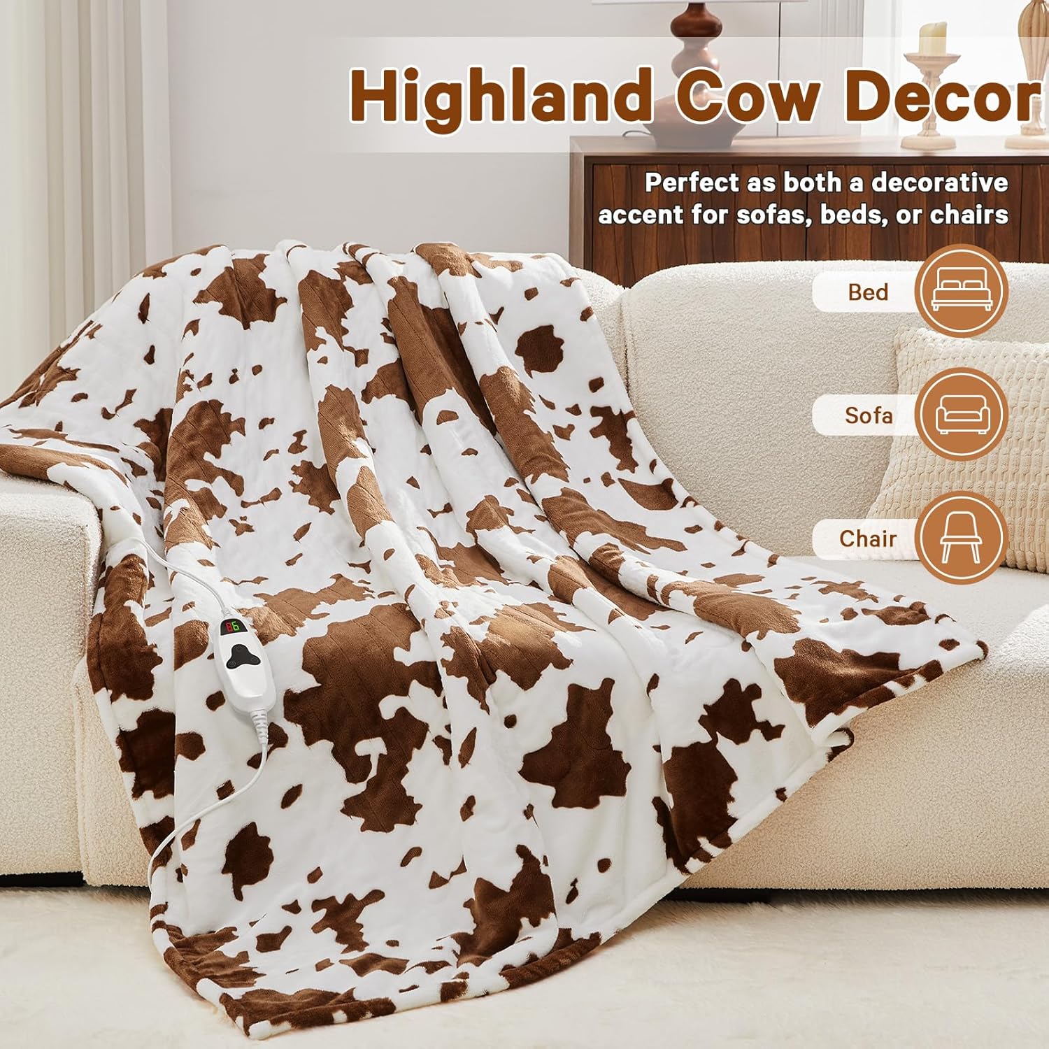 Cow Print Heated Electric Blanket Twin Size,62X84 Brown Heating Blanket with 10 Heats Levels & 8 Hours Auto Off,Highland Cow Fleece Sherpa Blankets Warmer Gifts for Women Adults Couch,Washable