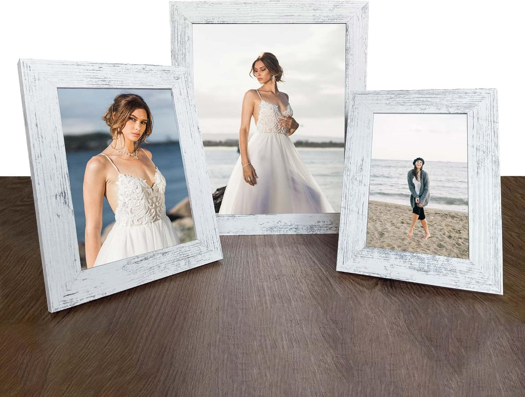 iRahmen 8x10 Picture Frame Set of 4, High Definition Glass Distressed White Frame, 8 x 10 Wood Photo Frames for Tabletop Display and Wall Mounting