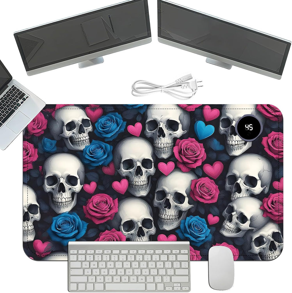 Heated Mouse Pad with 3 Temperature Settings(104°F–122°F),Large 24x14.2 Inch PU Leather Heated Desk Mat,Waterproof Warming Pad for Office,Gaming & Cold Hands Relief,Skeleton Skulls Flower