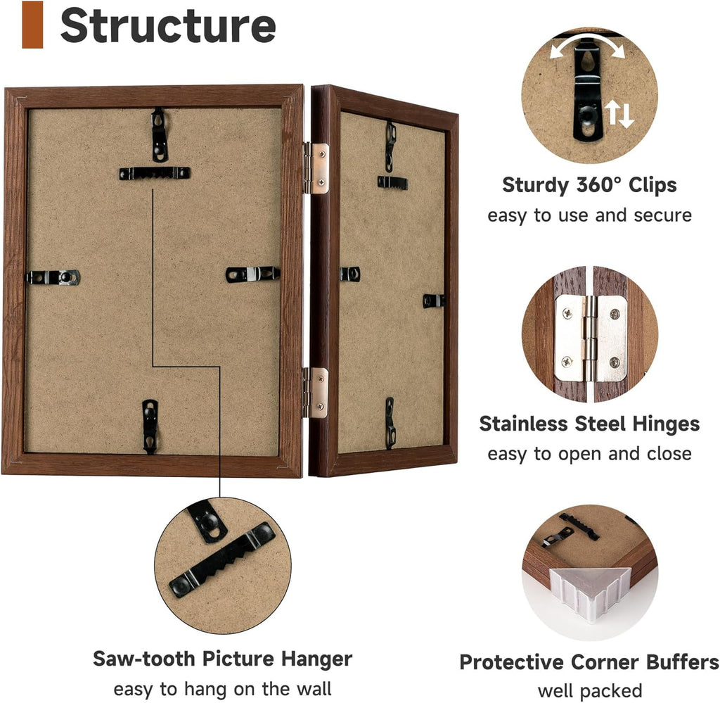 Axeman 6x8 Double Picture Frame - Solid Oak Wood Vertical Hinged 6x8 Photo Frame 2 Opening Folding Family Frames Collage With Real Glass for Tabletop Displa, Hanging Hardware Included | Walnut