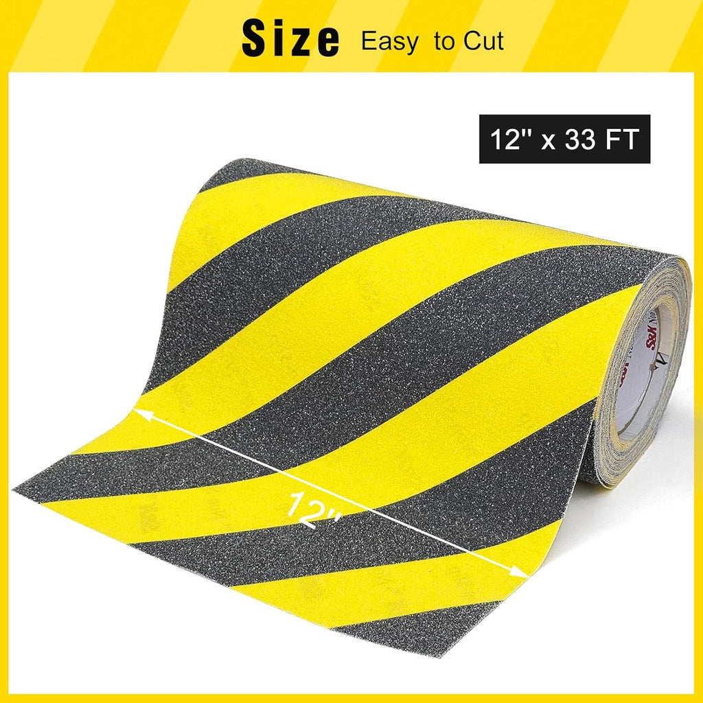 S&X Black/Yellow Anti Slip Tape 12" x 33 FT, Heavy-Duty Grip Tape for Stairs Outdoor Waterproof Safety Non Skid Roll High Traction Non Slip Treads with Hard-Wearing Surface