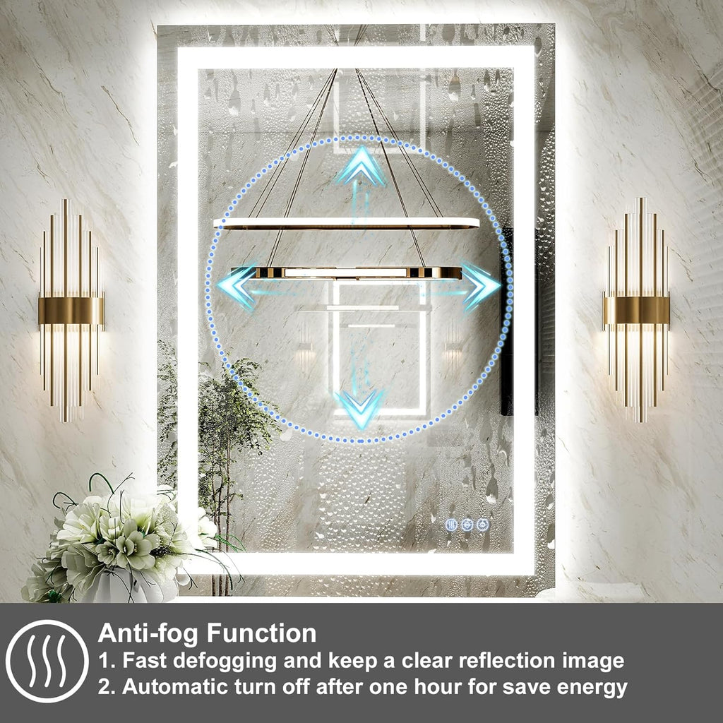 GLSLAND 30"x40" LED Bathroom Mirror with Lights, Dimmable Front and Backlit Vanity Mirrors, Wall Mounted Anti-Fog Lighted Mirror, Horizontal/Vertical Hanging