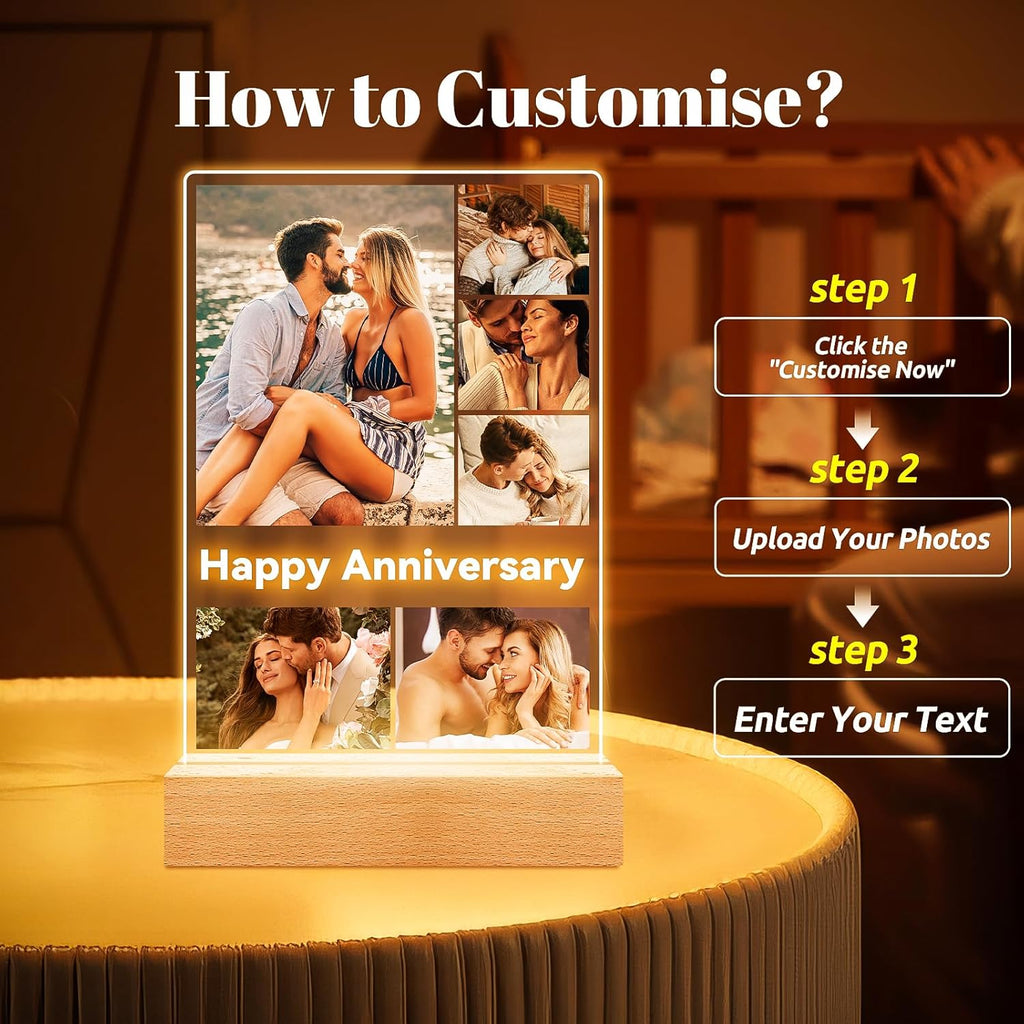 Custom Picture Frames with Photo, Customized Picture Frame with Night Light, Personalized Photo Frame, Personalized Anniversary Birthday Valentines Day Gifts for Women Men Her Him Couple