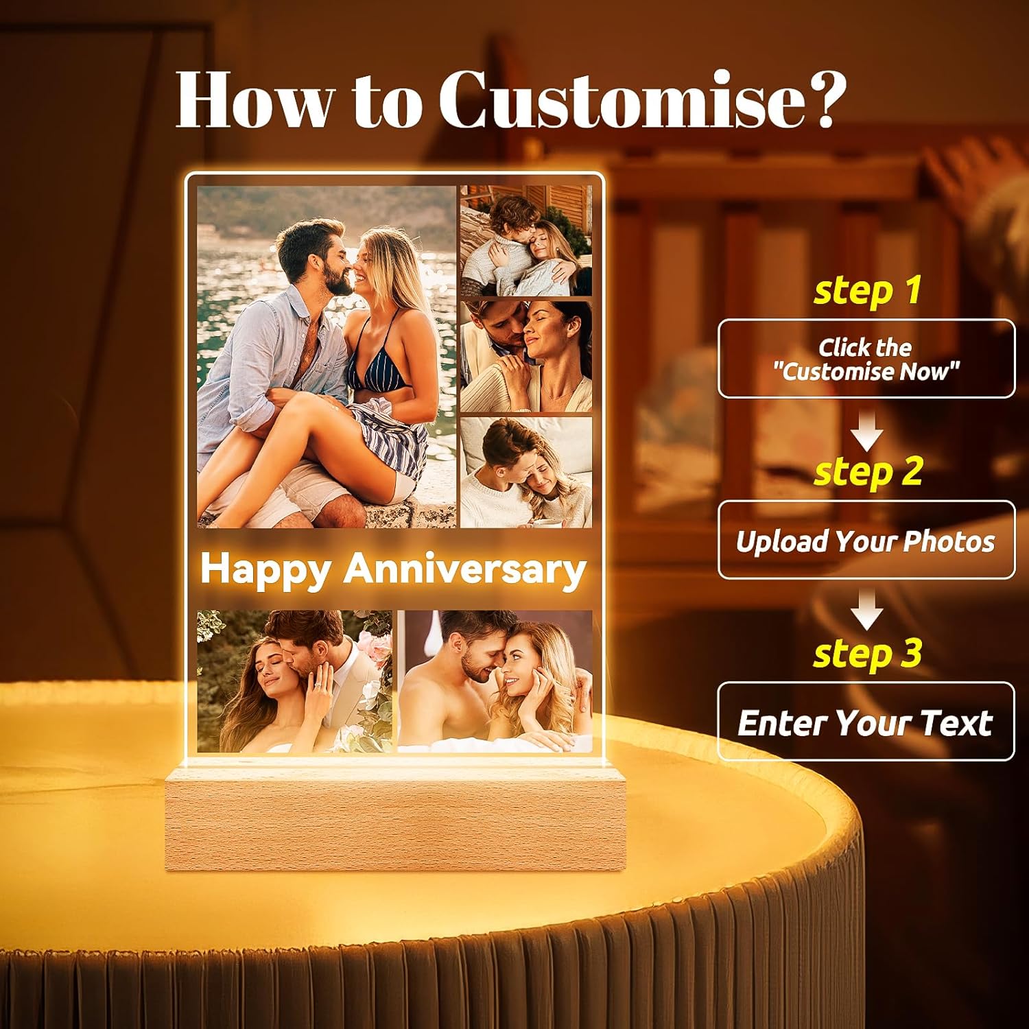 Custom Picture Frames with Photo, Customized Picture Frame with Night Light, Personalized Photo Frame, Personalized Anniversary Birthday Valentines Day Gifts for Women Men Her Him Couple