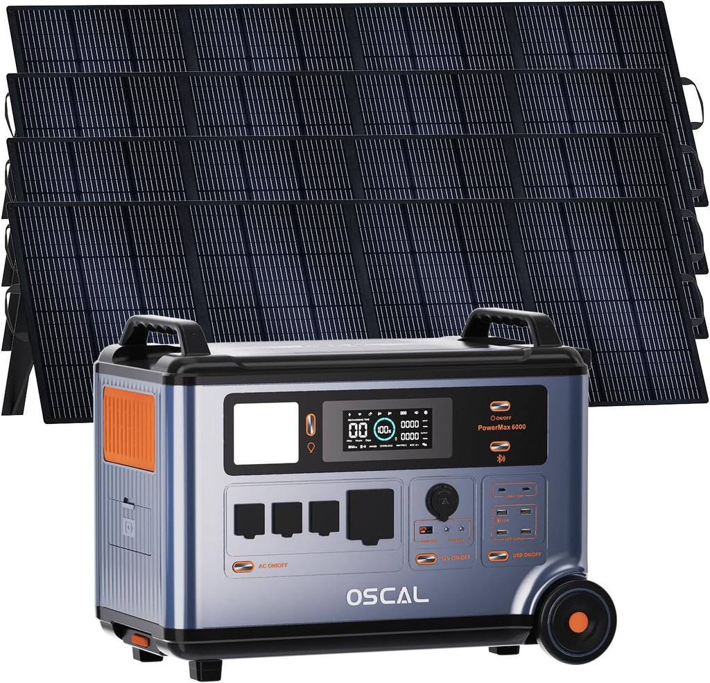 OSCAL 6000W Solar Generator(2025 New),120V/240V Split Phase Voltage Portable Power Station PowerMax 6000 with 4×200W Panel, 6000w AC Output (9000W Surge),2400W MPPT Solar for Emergency 001
