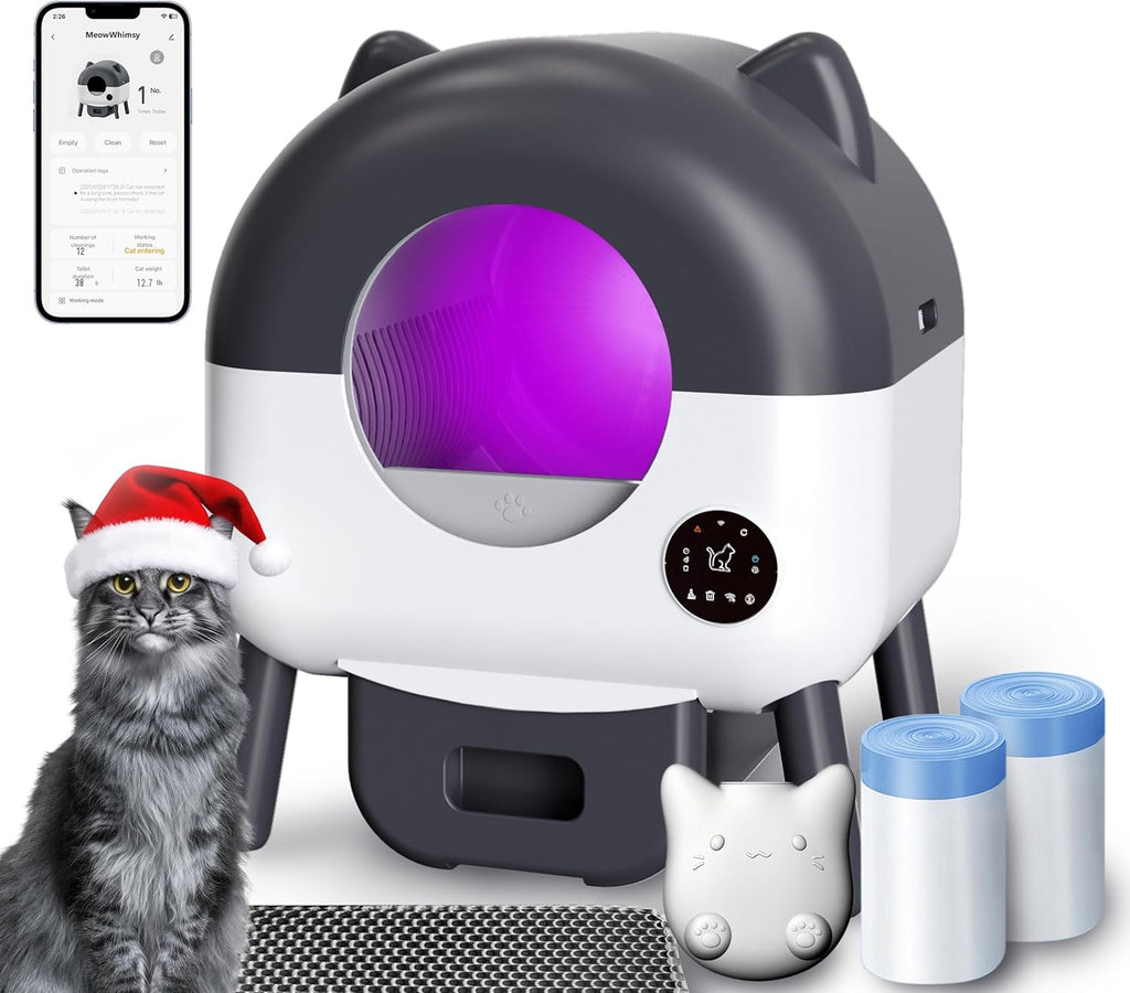 Automatic Self Cleaning Litter Box, MeowWhimsy Extra Large Automatic Cat Litter Box Self Cleaning Robot S7 for Cats, Smart Safety Sensors-App Control-Low Noise, Washable Tray,40 pcs Trash Bag