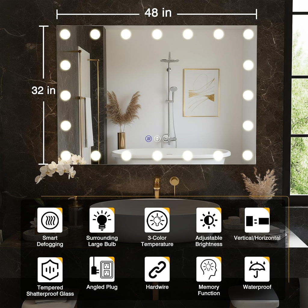 48x32 Lighted Bathroom Mirror, Hollywood Wall-Mounted Mirrors with LED Bulbs, 3 Color Temperatures and Step-Less Dimming, IP54 Enhanced Anti-Fog, Corrosion Proof, Touch Sense