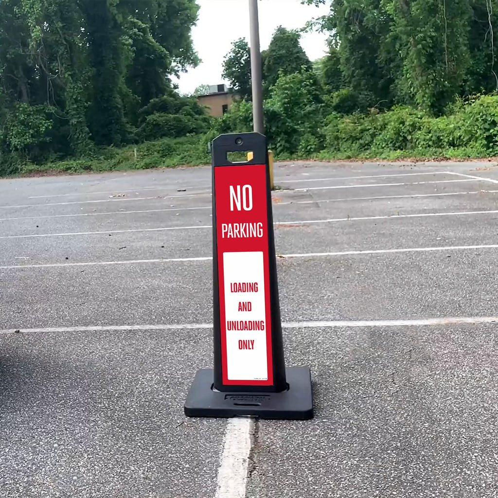 SmartSign No Parking Loading And Unloading Only LotBoss Vertical Panel Sign Kit with Rubber Base, Double-Sided, 7.875" x 35.5" 3M Engineer Grade Reflective Parking Lot Sign, Plastic Frame, USA-Made