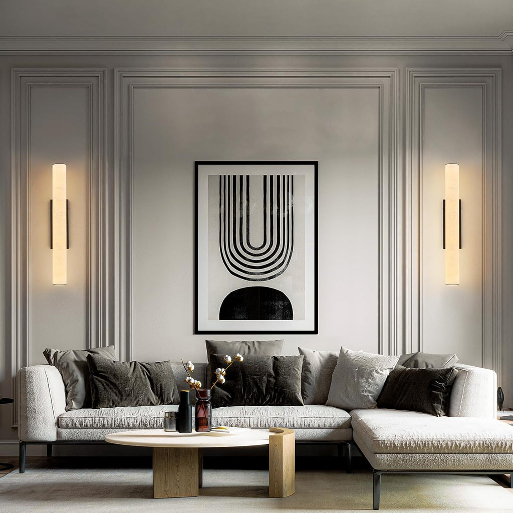 LMQNINE Natural Alabaster Wall Sconces Set of Two Spanish Marble Wall Light Cylinder Modern Black LED Sconce for Living Room Bedroom Bathroo Stairs（M-2Pack）