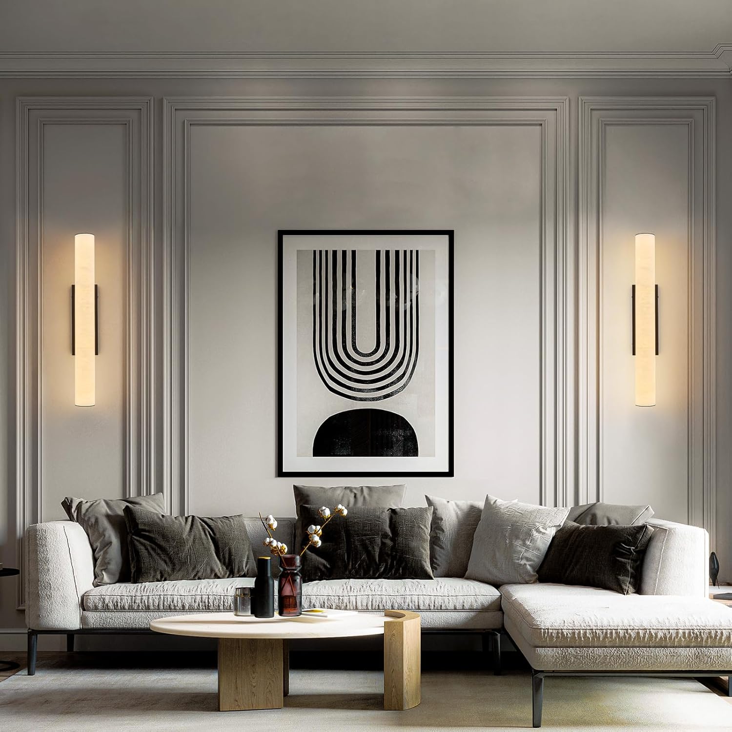 LMQNINE Natural Alabaster Wall Sconces Set of Two Spanish Marble Wall Light Cylinder Modern Black LED Sconce for Living Room Bedroom Bathroo Stairs（M-2Pack）