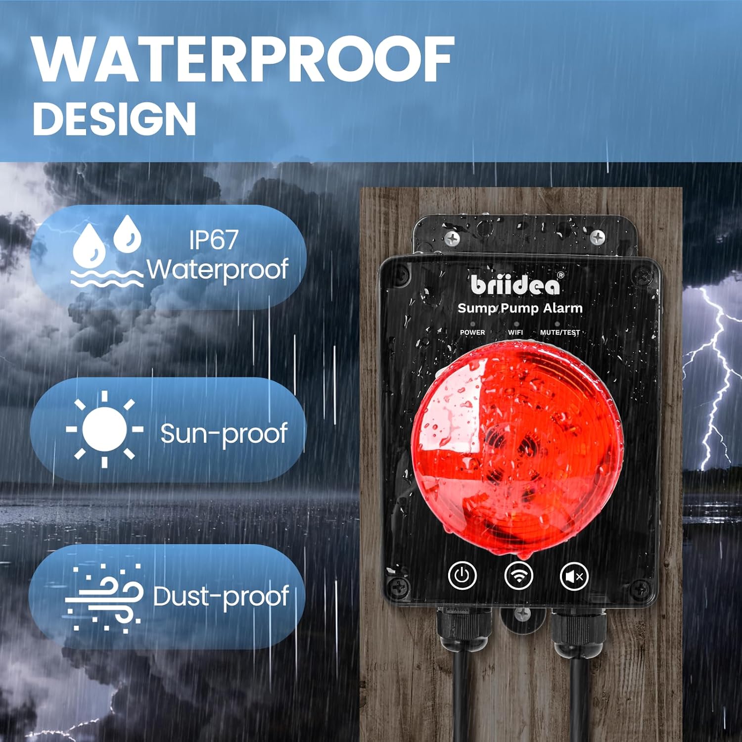 Smart WiFi Sump Pump Alarm, Briidea Indoor/Outdoor High Water Level Alarm, Supports APP Remote Monitoring, Equipped with 110dB Buzzer and LED Indicator, Ideal for Basements and Septic Sump Pump