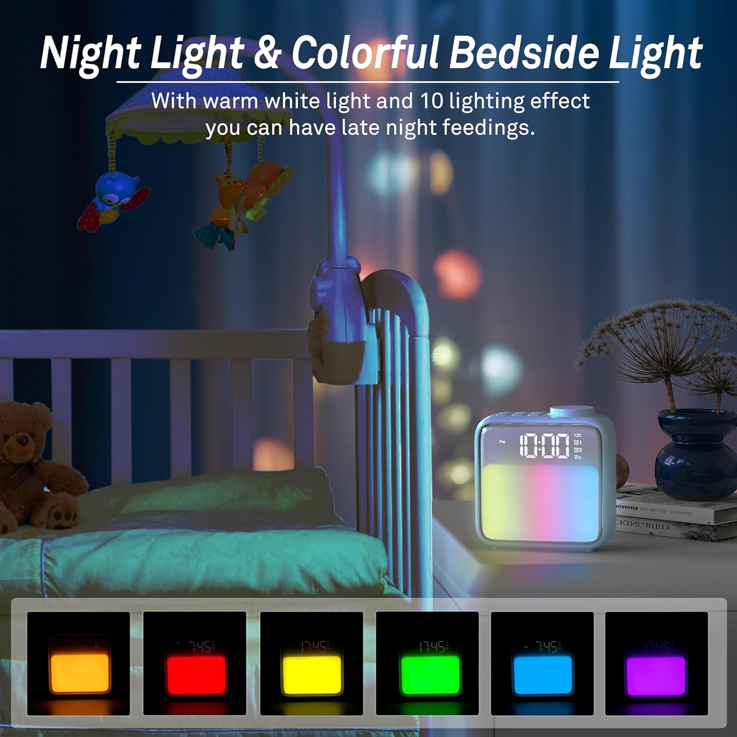 AIRIVO Alarm Clock Night Lights, Rechargeable Alarm Clock for Bedrooms, 6 Scenes & White Noise Sync, Dual Alarms & Snooze, for Heavy Sleepers, Gifts for Kids Teens (Blue)