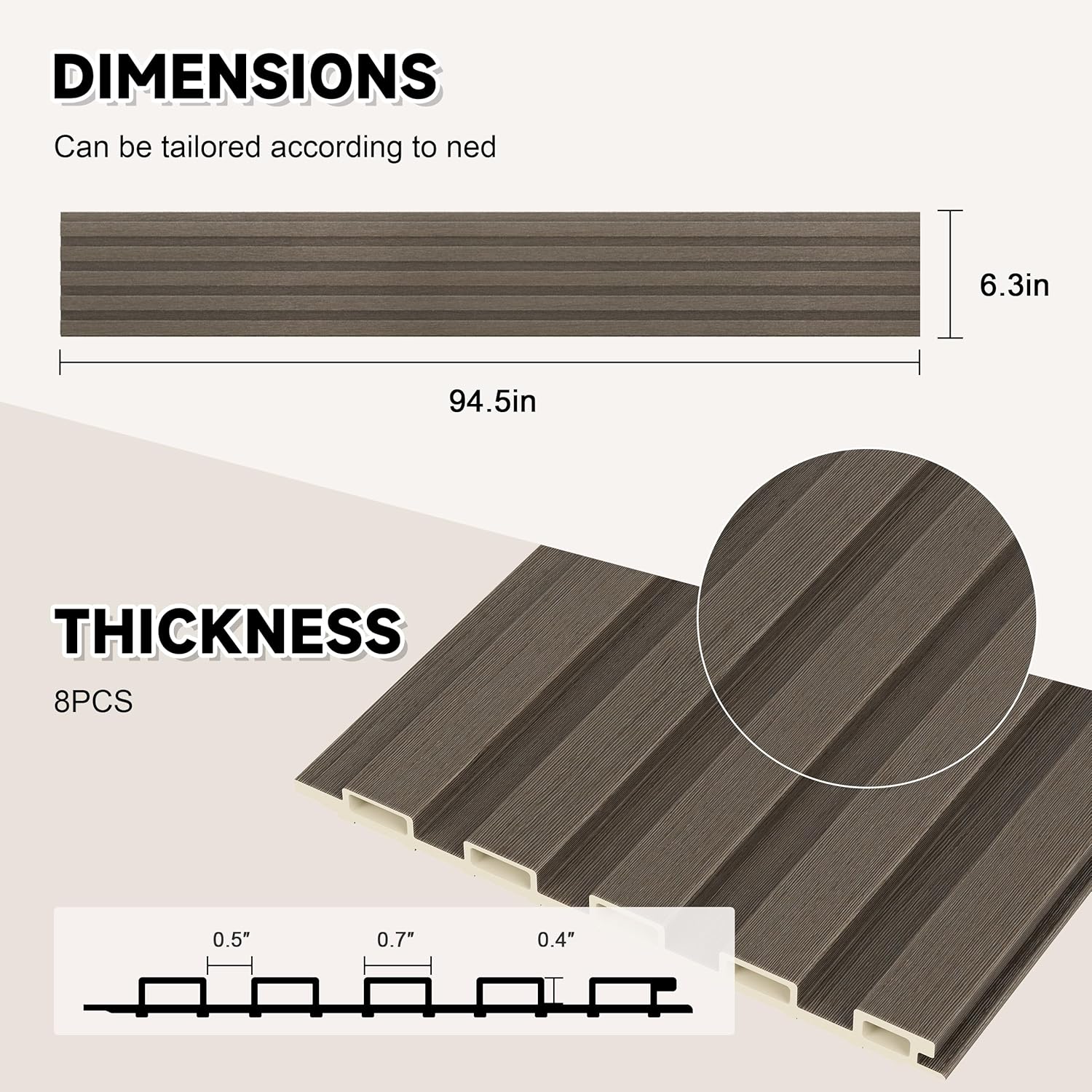 WPC Slat Wall Paneling, 8-Pack 3D WPC Wood Wall Panels, Acoustic Wall Panels for Interior Wall Decor, Living Room, Bedroom, Grayish Brown, 95 x 6 in