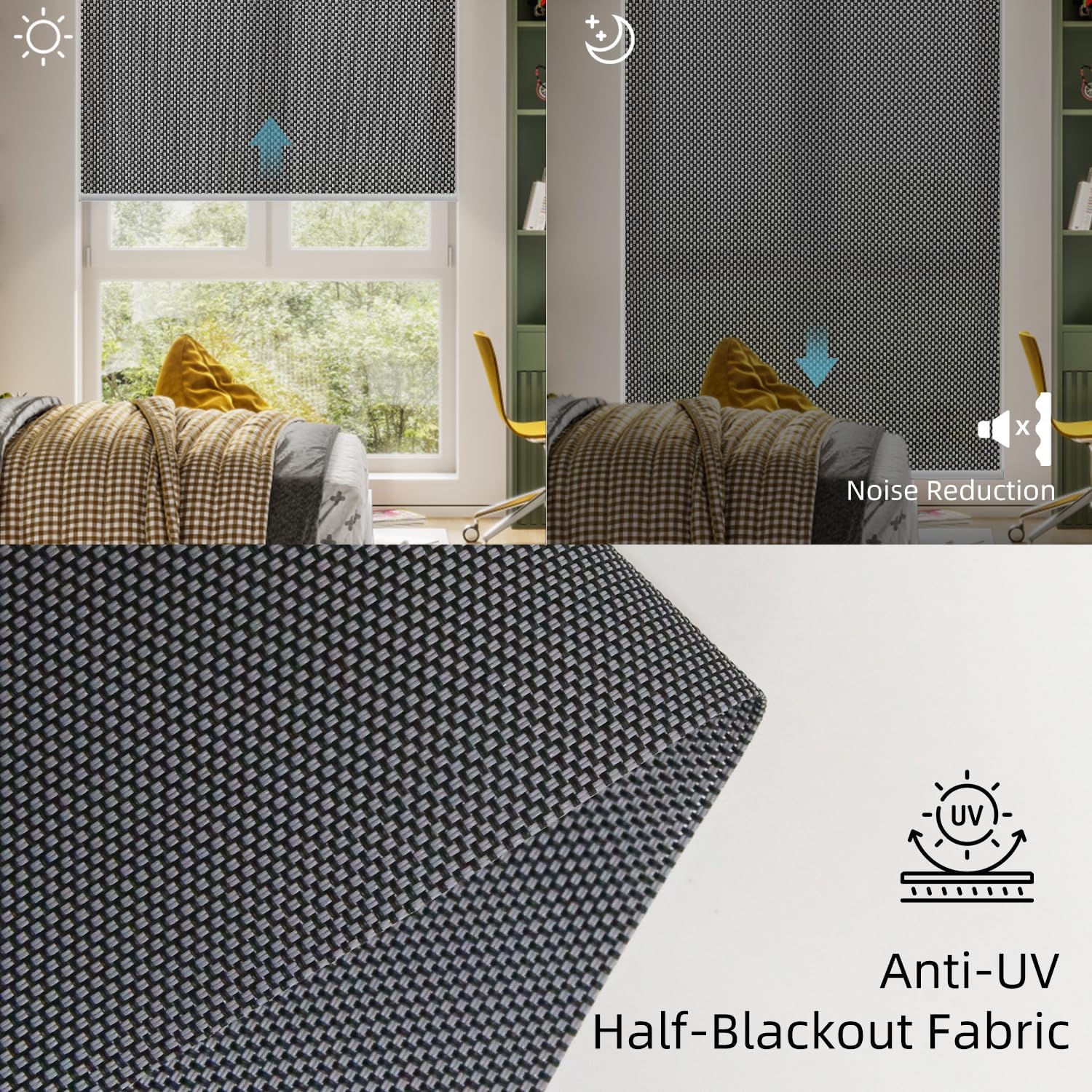 SmartWings Motorized Roller Shades 5% Openness Work with Homekit, Alexa SmartThings Google, Zigbee Motor Smart Blinds for Windows, Cordless Remote Control Window Shades, Customized, Charcoal Grey