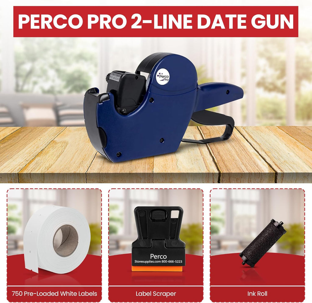 Perco Pro 2 Line Date Gun, Includes 16 Digits Date Gun Labeler, Pre-Loaded Roll of 750 White Labels and Ink Roll