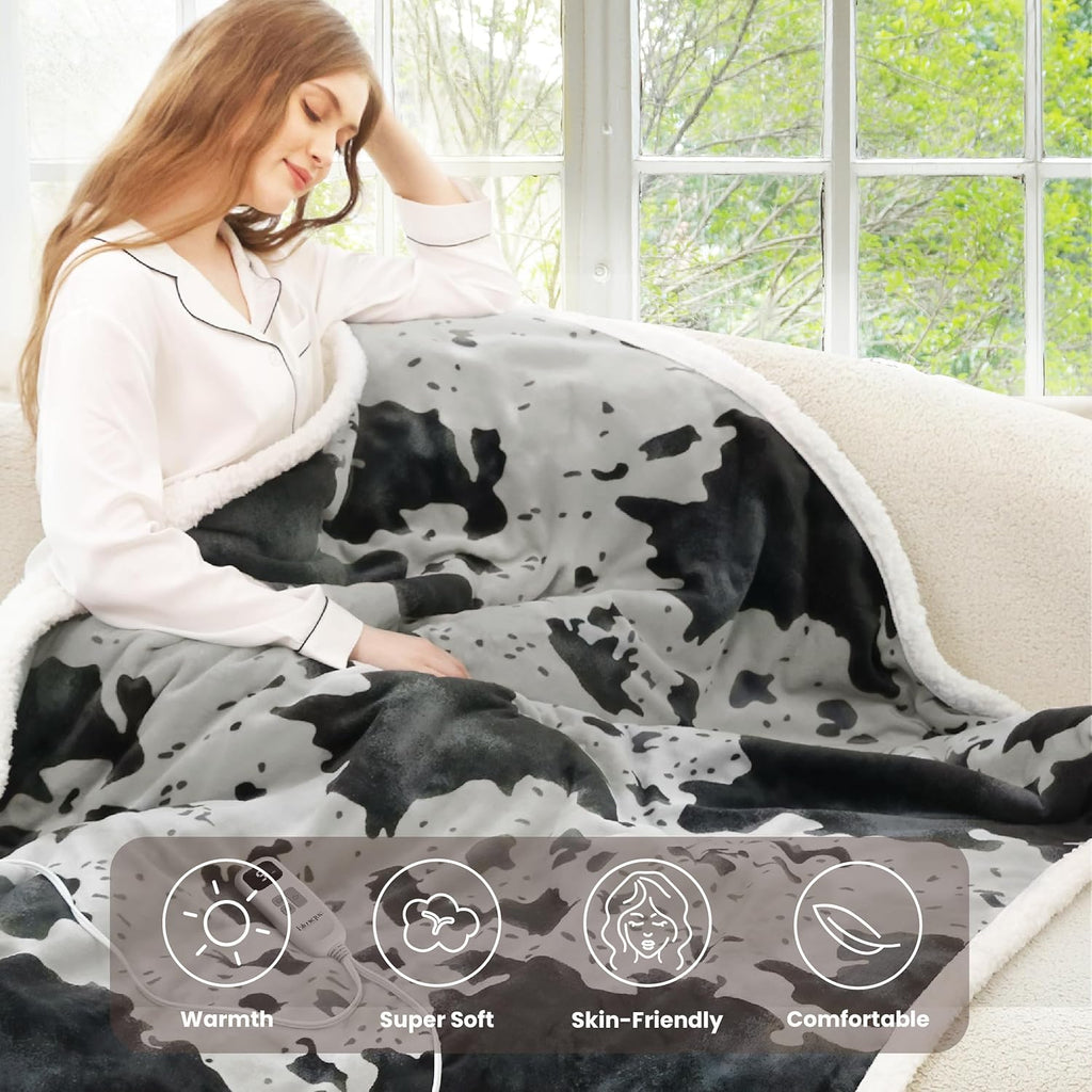Cow Print Heated Blanket Twin-Heating Electric Blanket Twin with 10 Heat Levels & 10 Hours Auto-Off, Cozy Soft Fleece Sherpa, Washable, 62 x 84 Inche Cow Print Grey