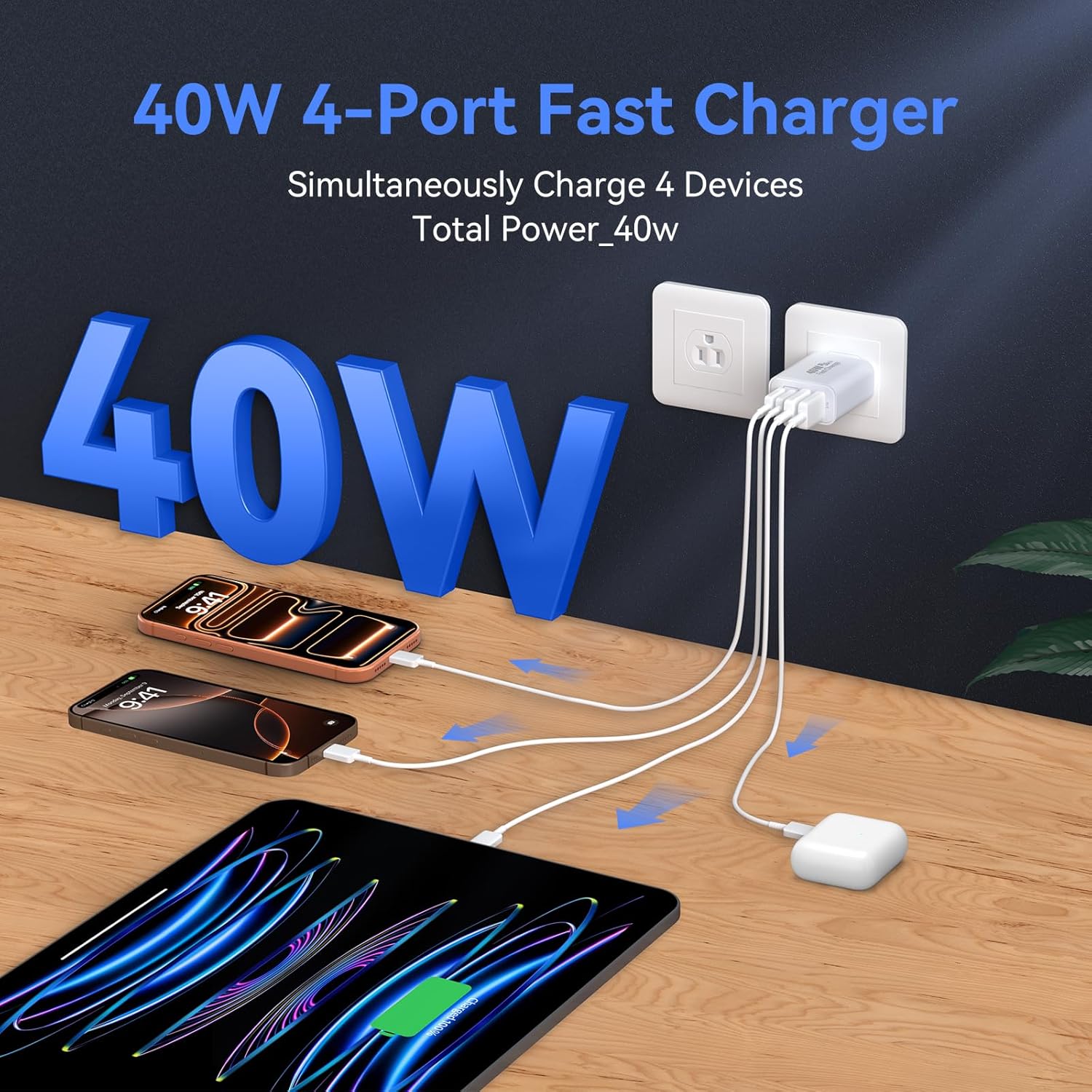 USB C Wall Fast Charger Block, 40W 4-Port Type C Charger Fast Charging Blocks PD Power Charger Adapter+QC 3.0 USB Multiport Charger Brick for iPhone 17/16/15/14/13/12 Pro Max, iPad, Galaxy S25-2Pack