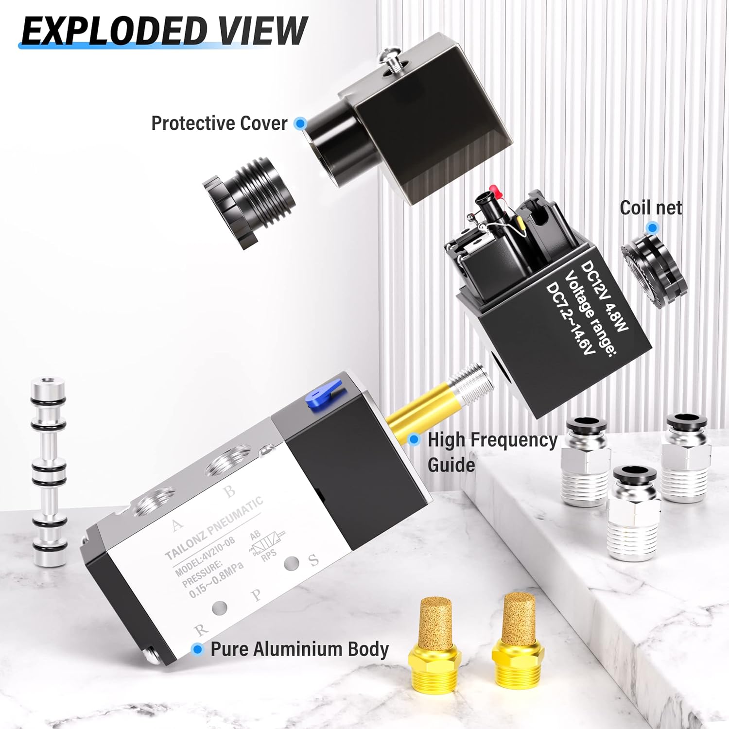 TAILONZ PNEUMATIC 1/4"NPT Solenoid Valve 4V210-08 DC12V Single Coil Pilot-Operated Electric 2 Position 5 Way Connection Type Junction Box