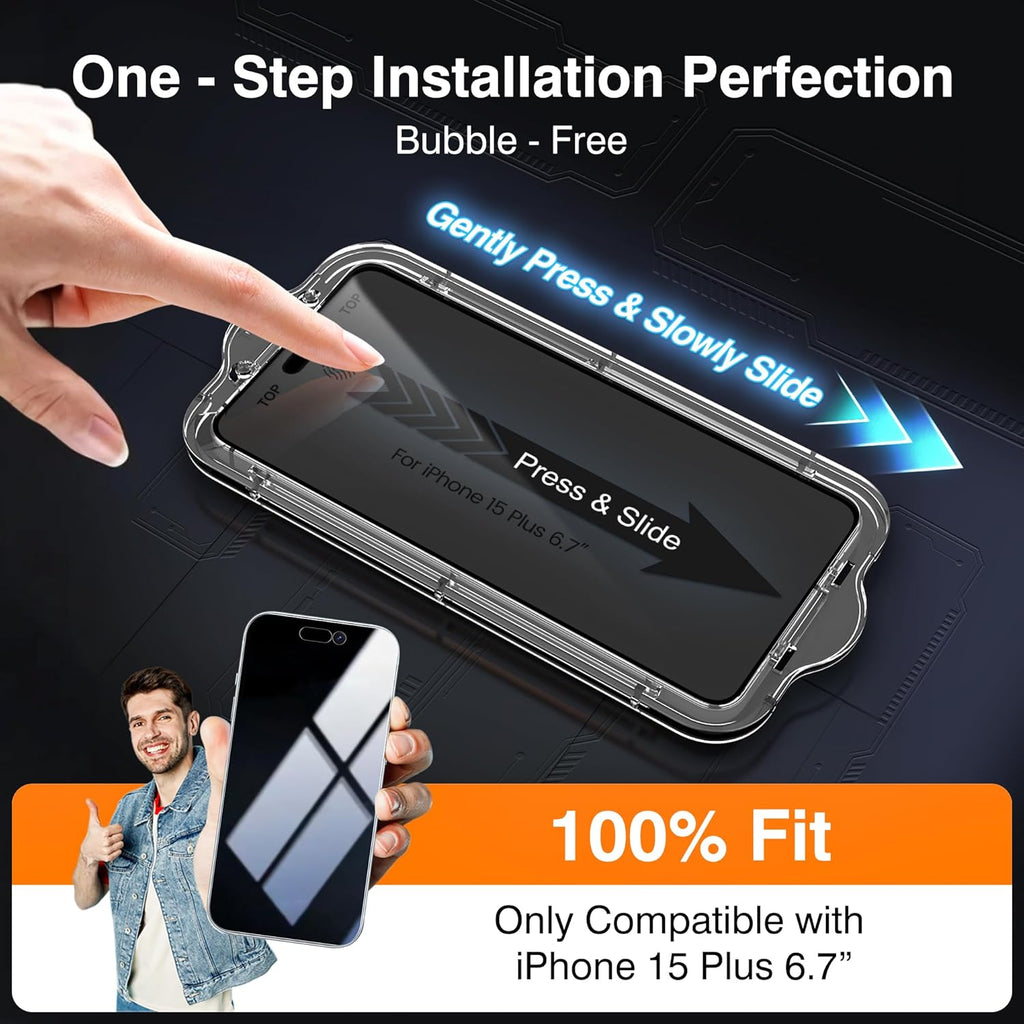 EZ-GLAZ- 4 Pack for iPhone 15 Plus Privacy Screen Protector [6.3"] With 2 Pack Camera Lens Protector, 9H+ Hardness 12FT Military Grade Shatterproof Scratch Resistant Durable Tempered Glass Film with Flawless Fit Kit